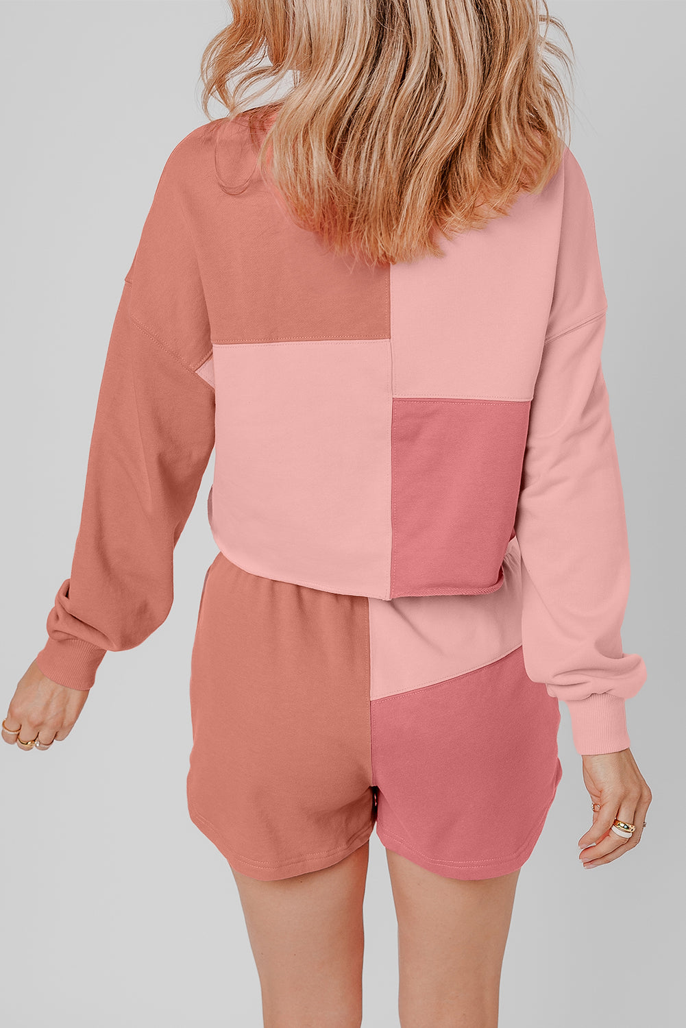 Peach Blossom Colorblock Patchwork Long Sleeve Shorts Set