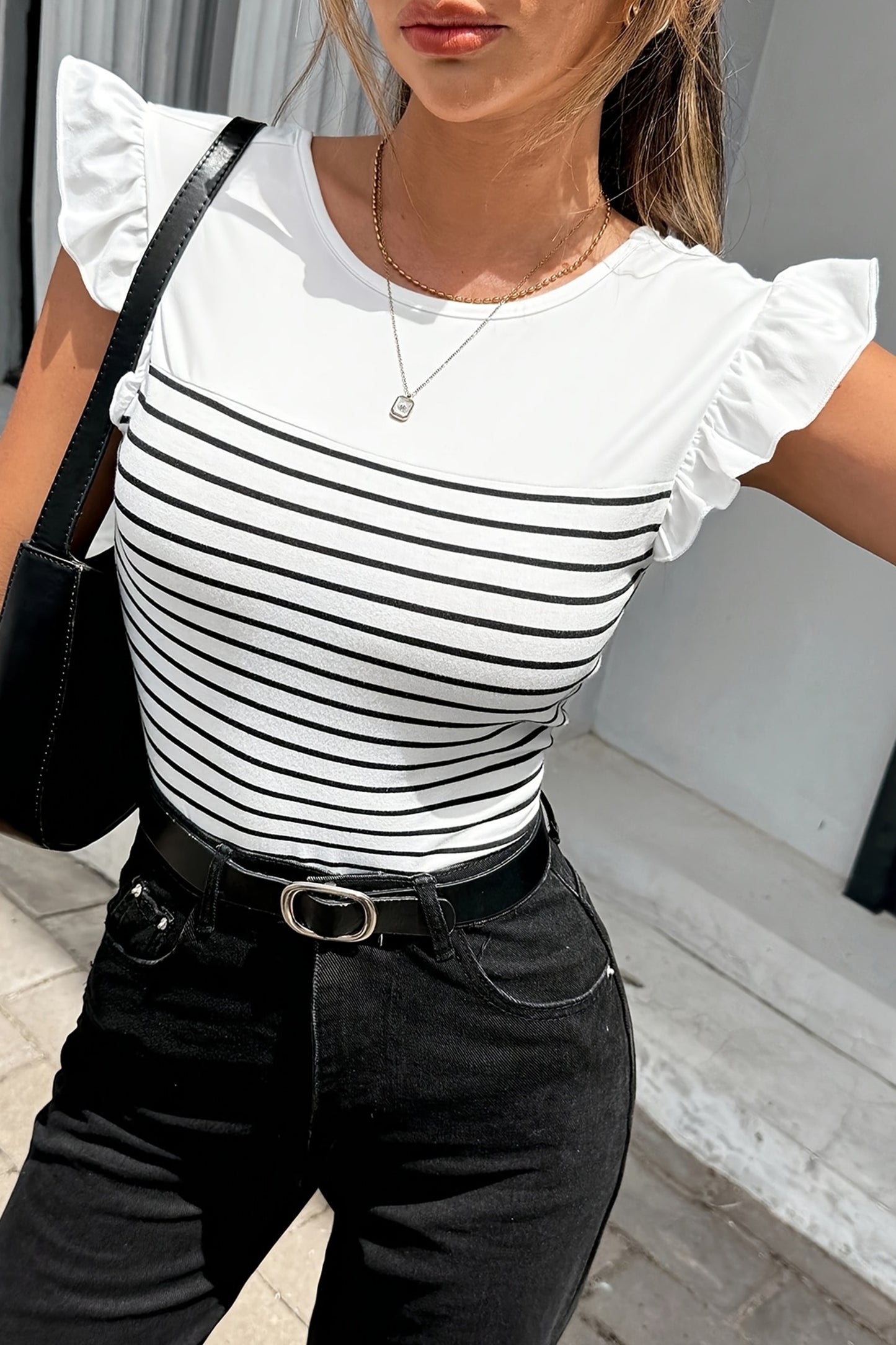 White Striped Ruffle Blouse Women S–XL