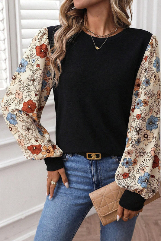 Floral Patchwork Puff Sleeve Stretch Top
