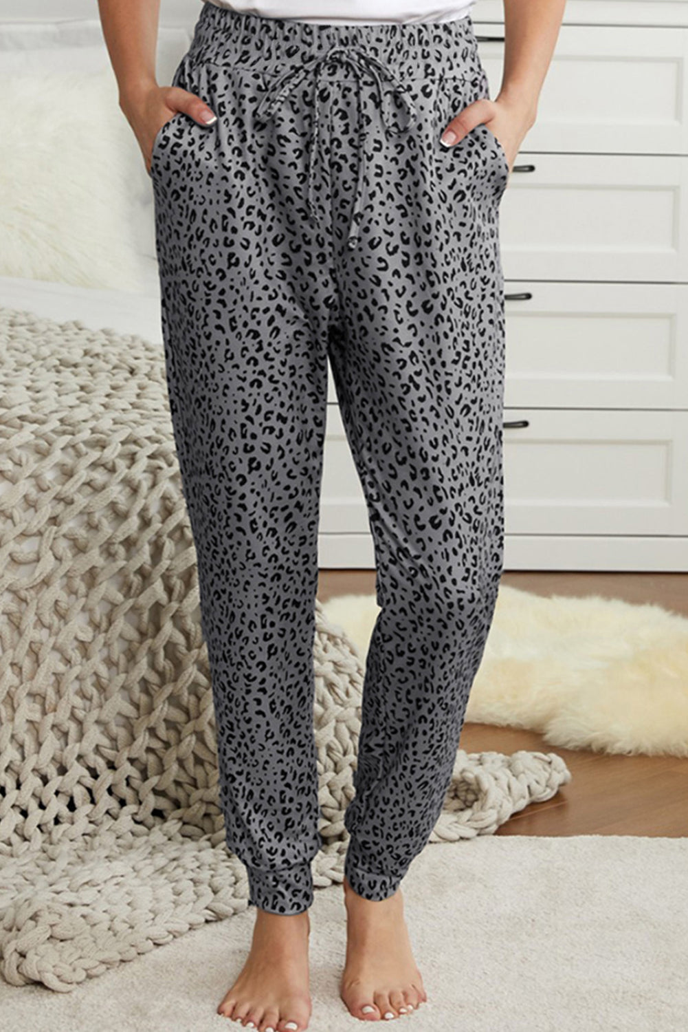 Leopard Print Joggers Women Grey S–4XL