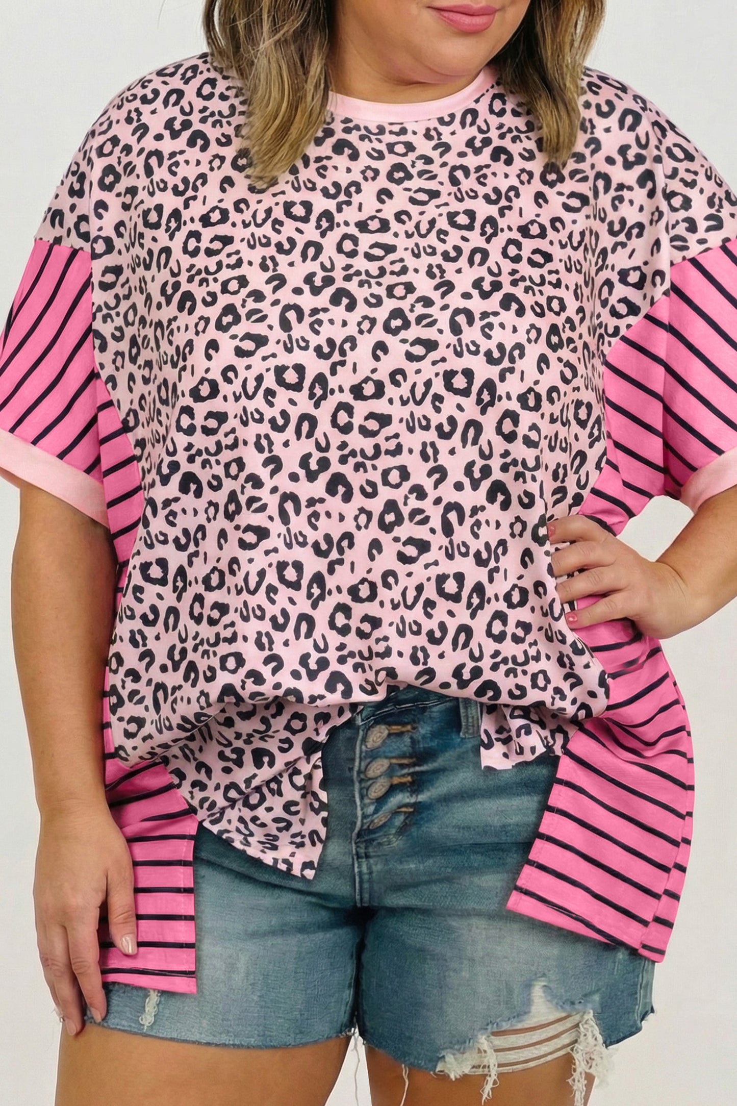 Plus Size Pink Leopard Print Patchwork Tee Women 1X–4X