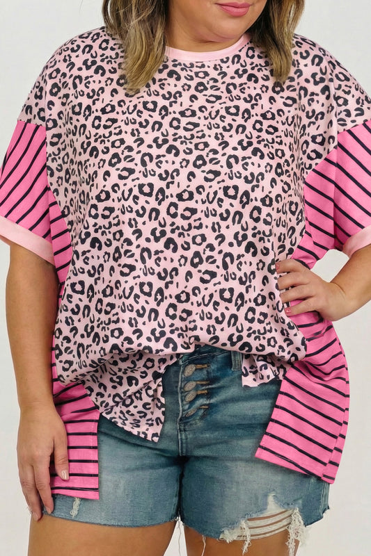 Plus Size Pink Leopard Print Patchwork Tee Women 1X–4X