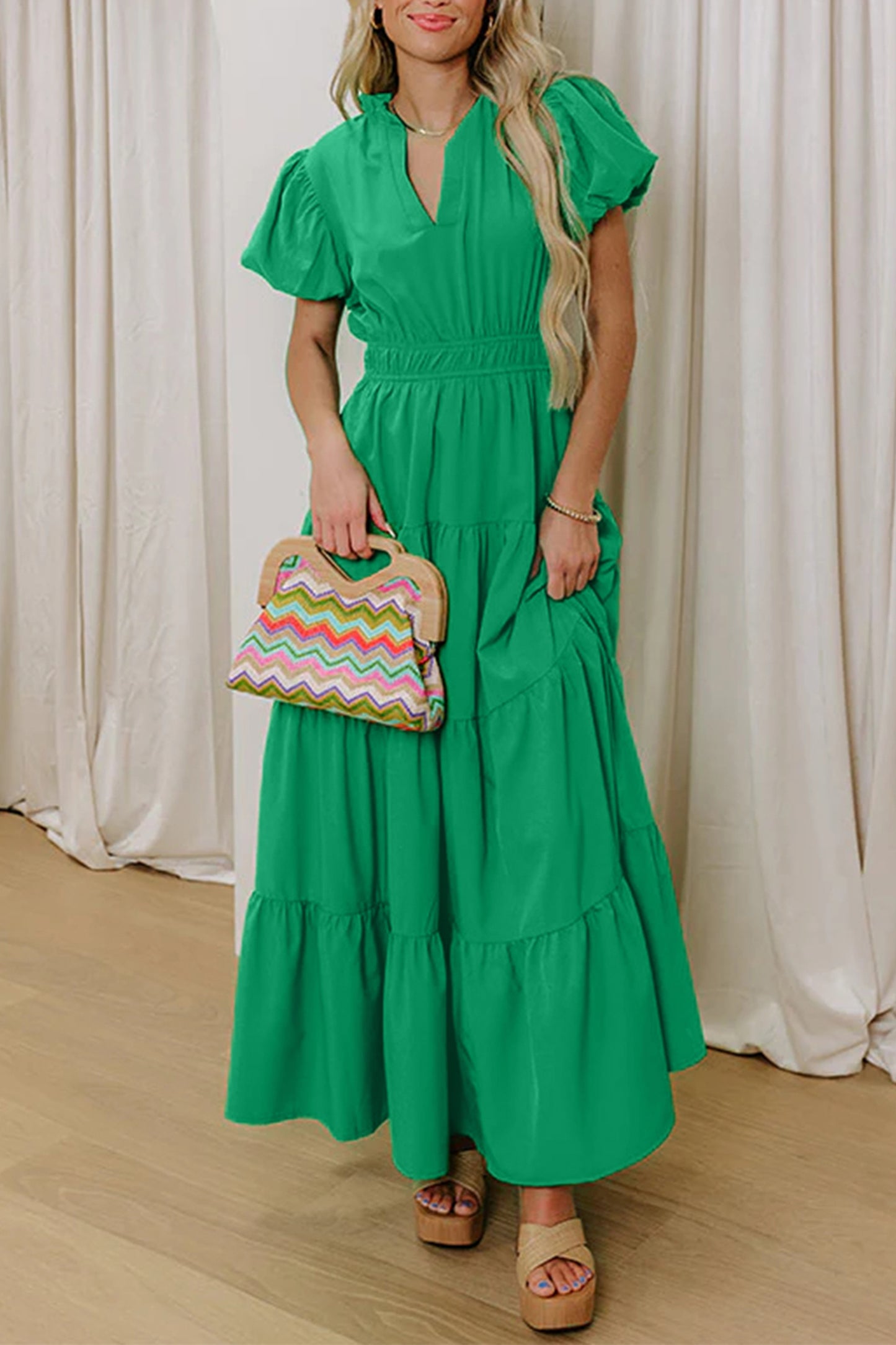 V-Neck Puff Sleeve High Waist Tiered Maxi Dress | 5 Colours | S–XL