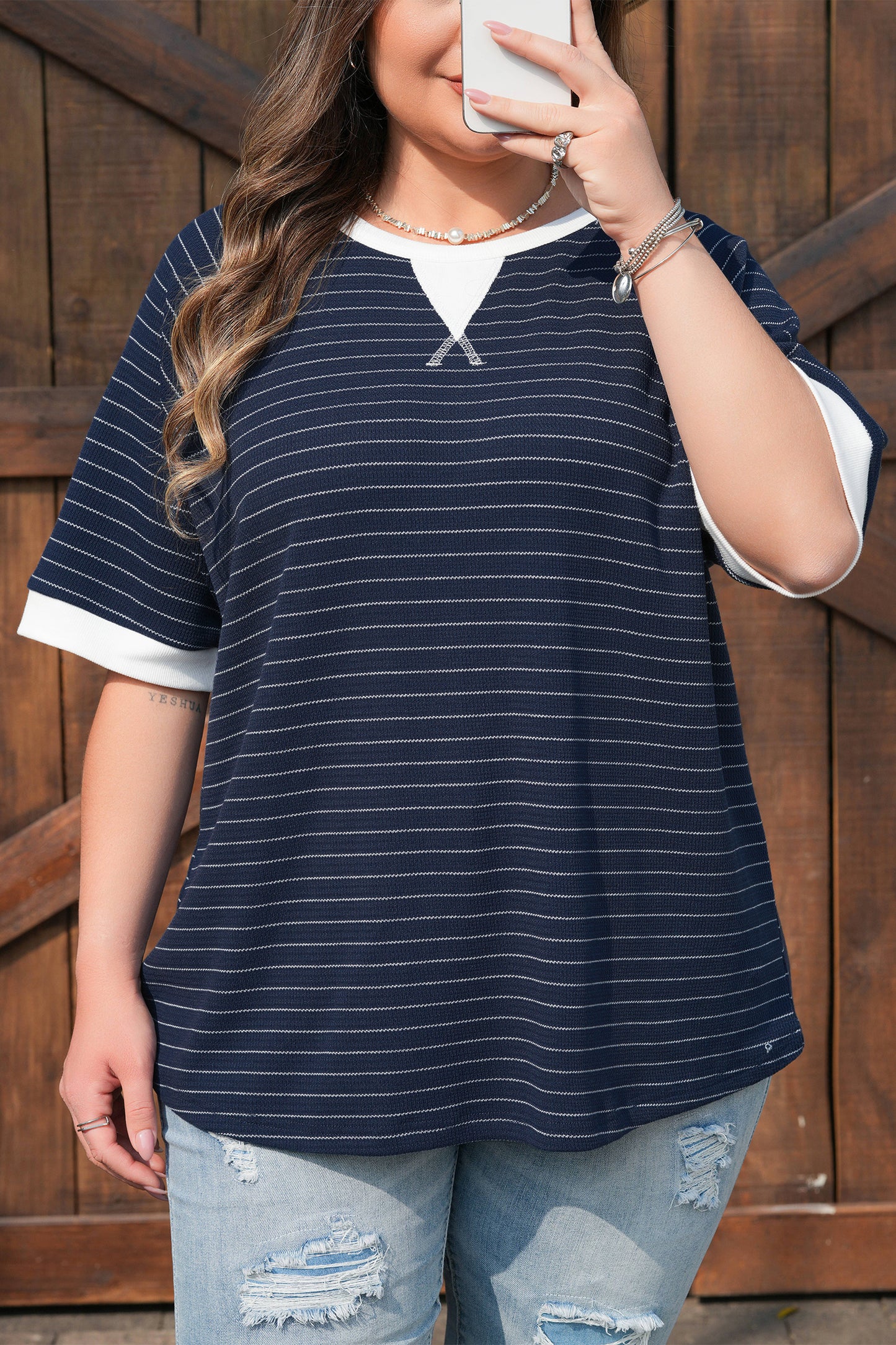 Plus Size Blue Stripe Contrast Trim Ribbed Tee Women 1X–4X
