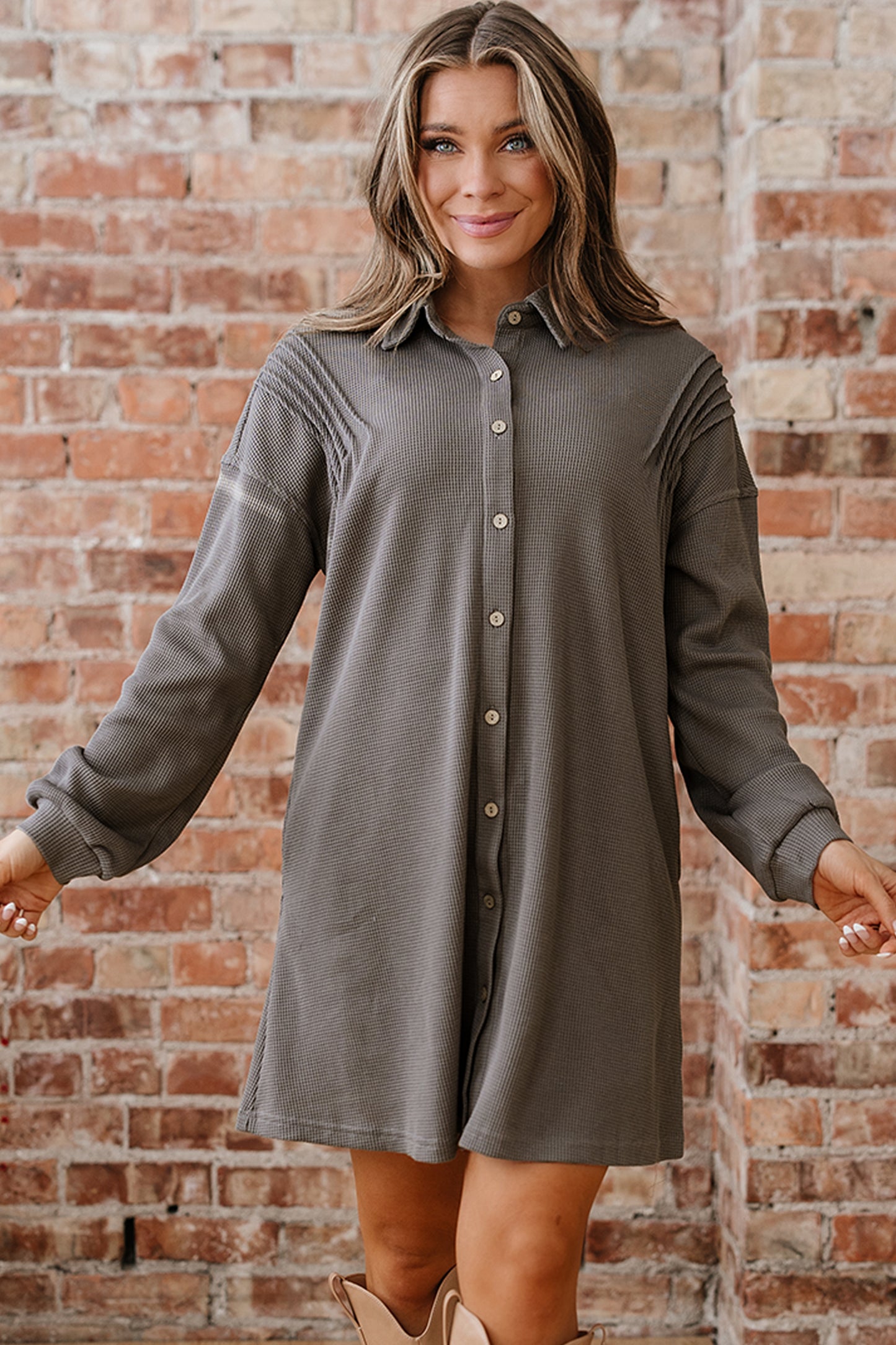 Taupe Waffle Knit Shirt Tunic Dress