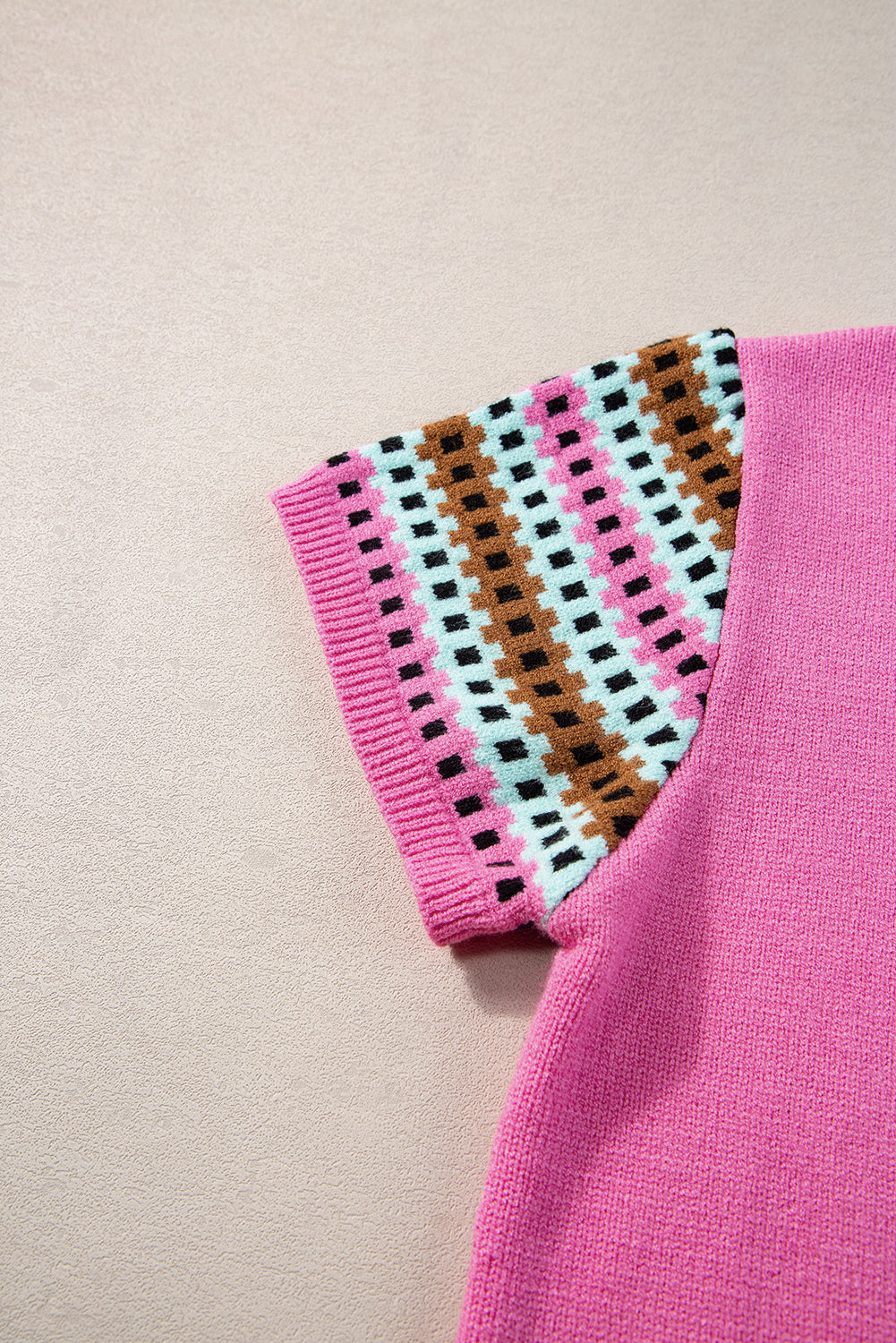 Bright Pink Contrast Printed Cap Sleeve Crewneck Sweater