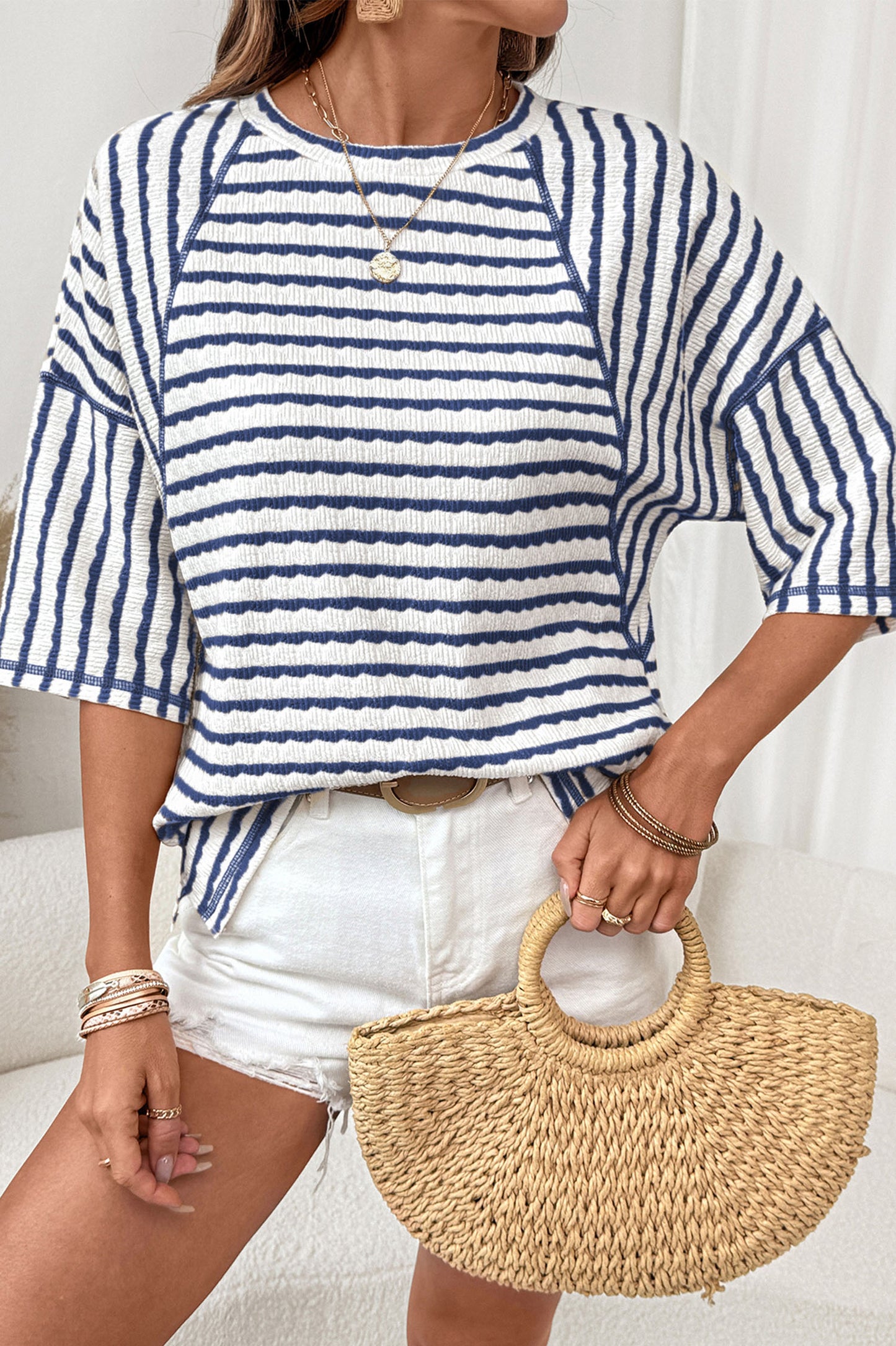 Textured Knit Split Hem Half Sleeve Loose Top | S–2XL | Blue Stripe & Brown Stripe