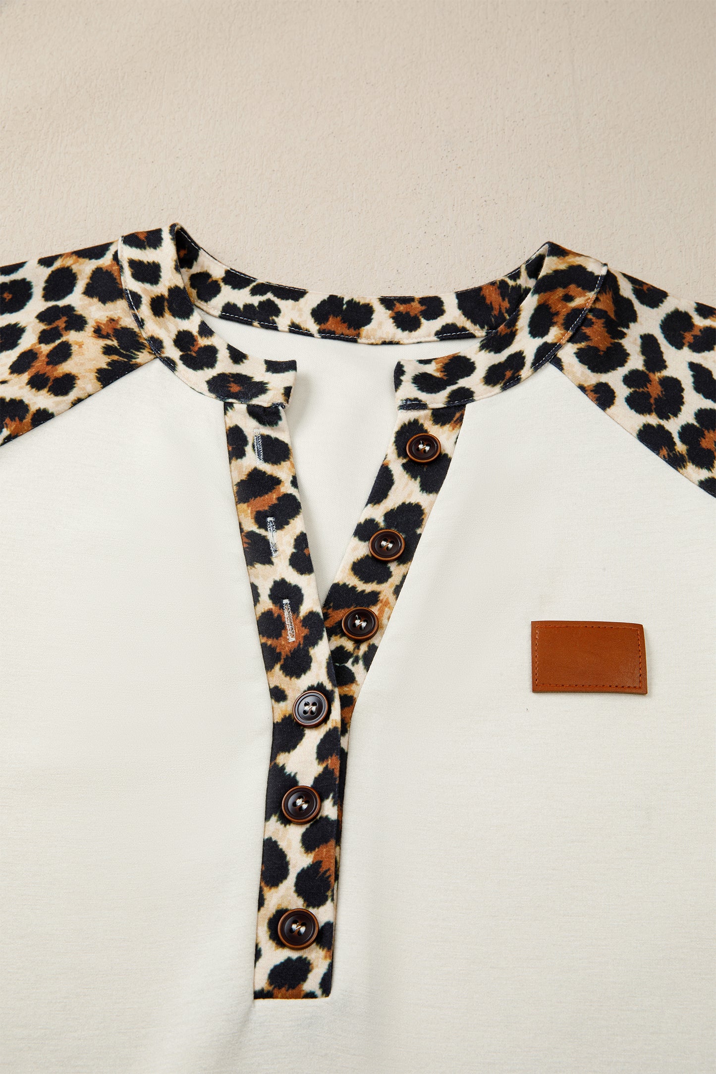 Leopard Patchwork Half Button Short Sleeve Top | Beige | S–XL