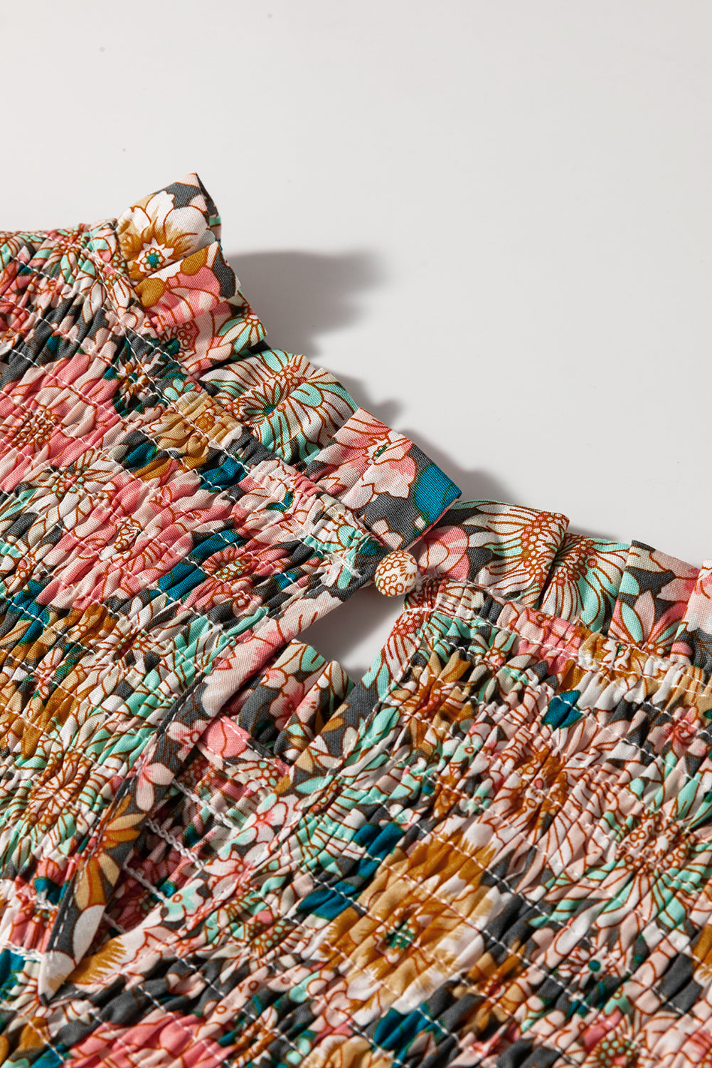 Multicolor Floral Print Smocked Bubble Sleeve Ruffled Crop Top