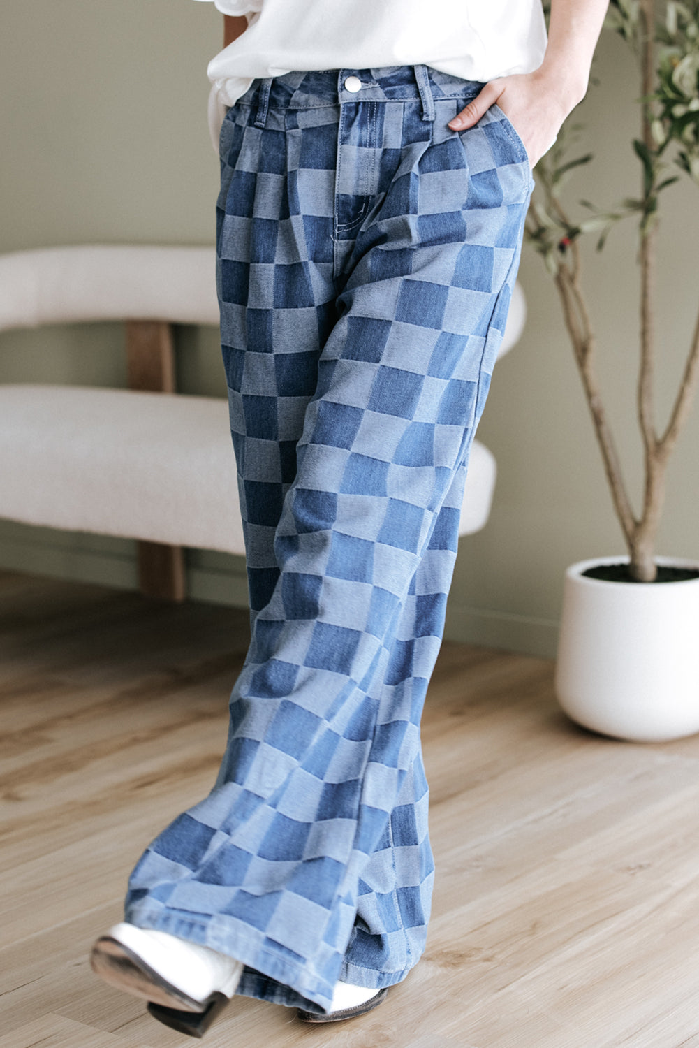 Denim Wide Leg Jeans Checkered Light Blue Women Size 4–16
