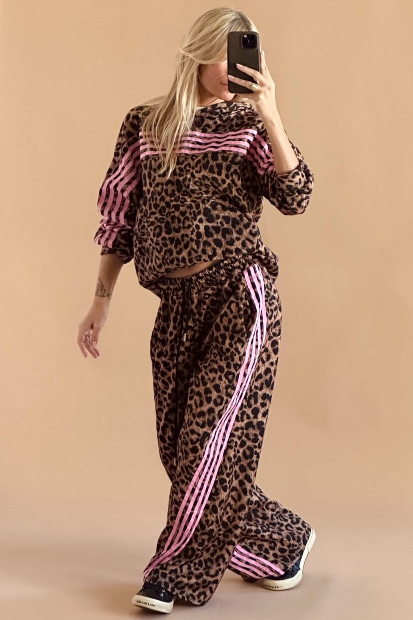 Women's Brown Leopard Print Striped Long Sleeve Top and Pant Set S to XL