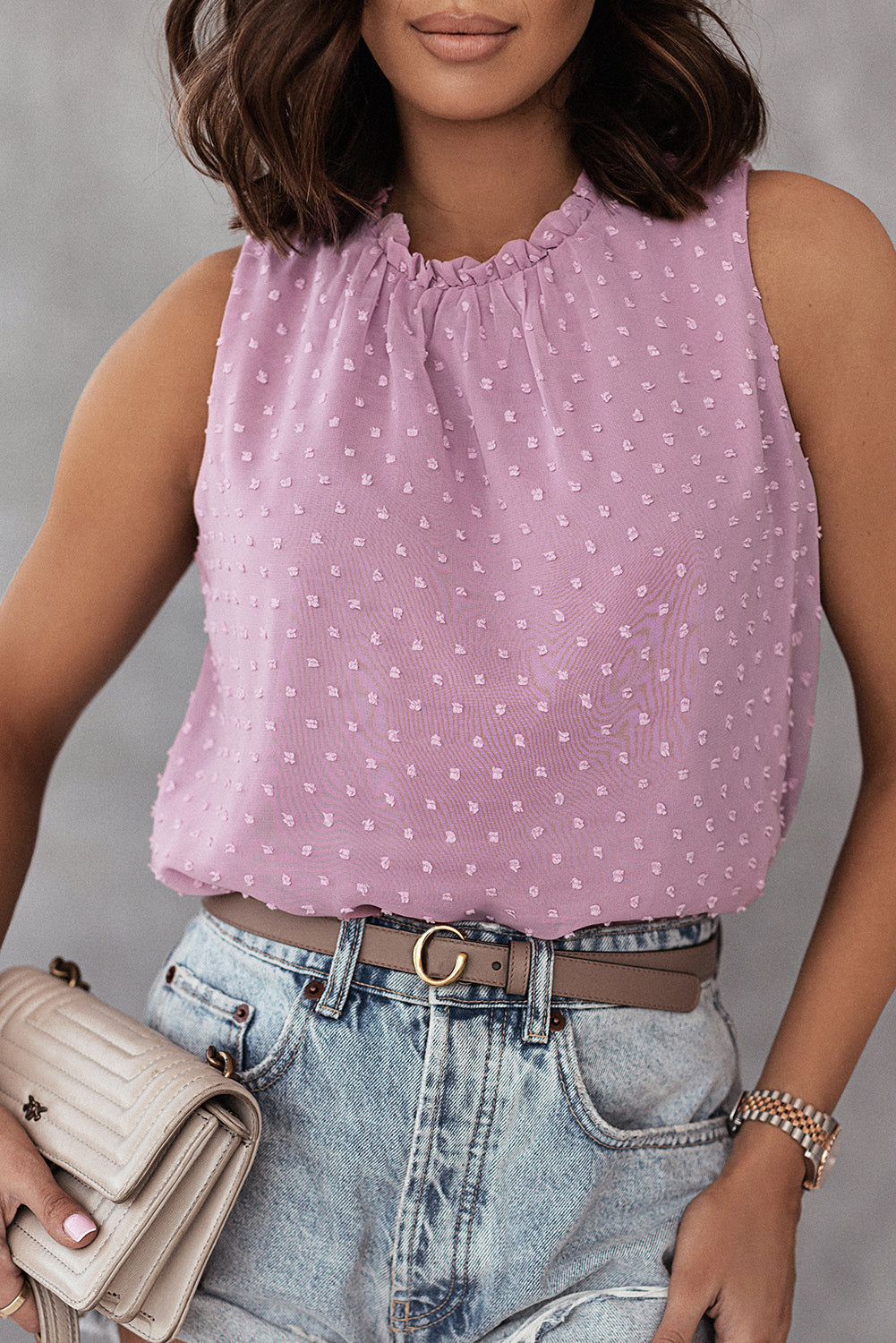 Swiss Dot Ruffle Neck Sleeveless Tank Top