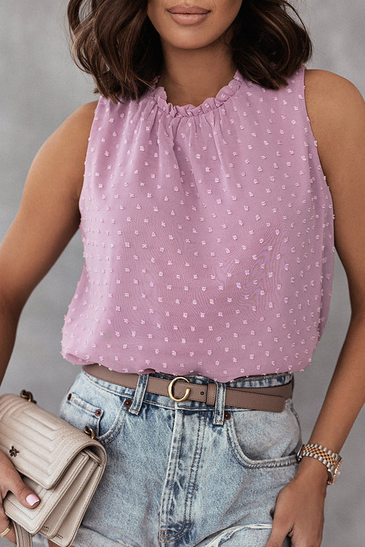 Swiss Dot Ruffle Neck Sleeveless Tank Top