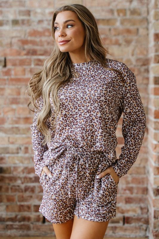 Khaki Leopard Ribbed Long Sleeve Top Drawstring Shorts Set