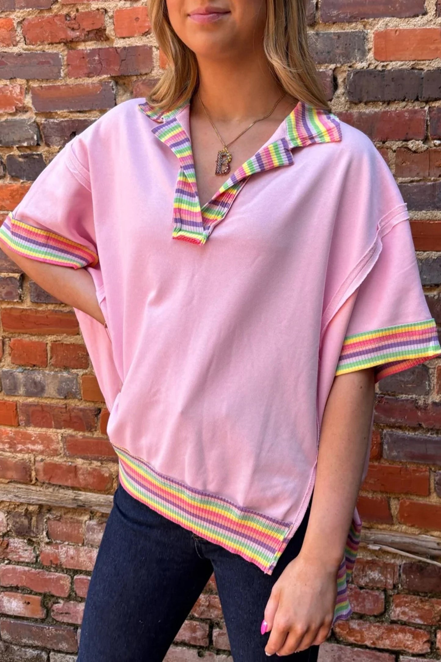 Pink Rainbow Stripe Ribbed Patchwork Raw Seam Oversized Polo Tee