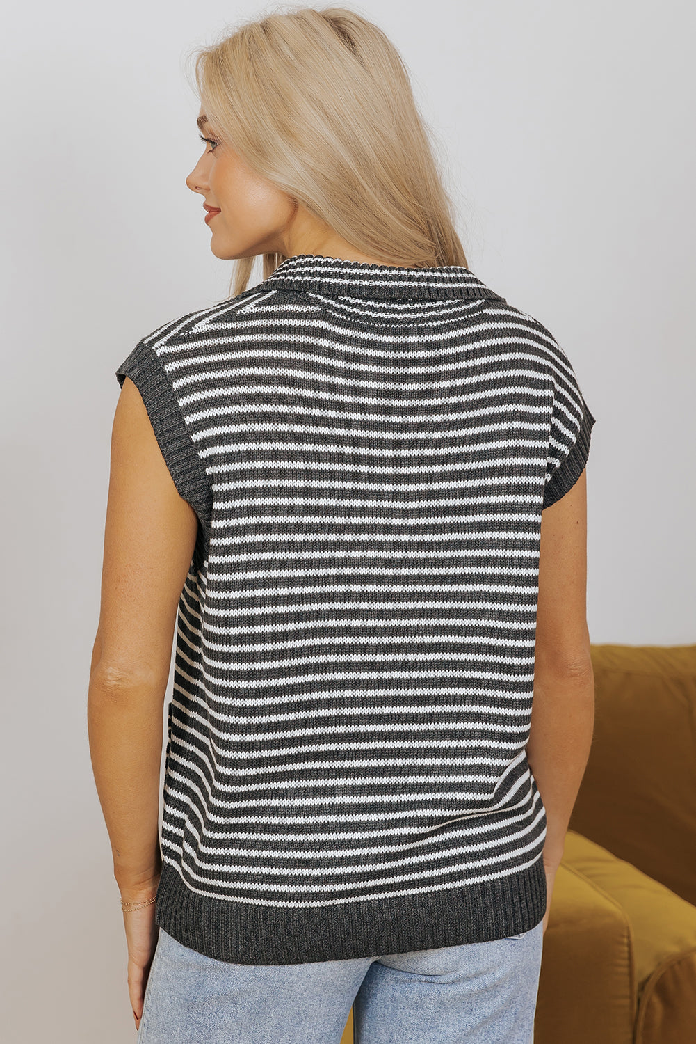 Grey Stripe Collared V-Neck Sweater Vest with Pockets | S–XL