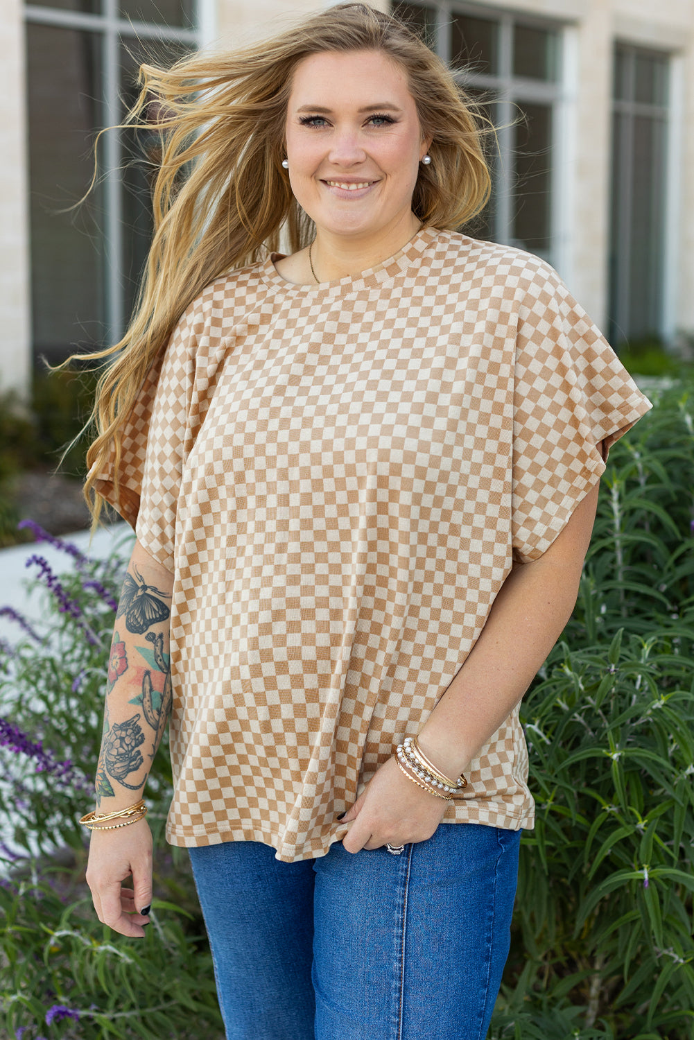 Plus Size Checkerboard Batwing Sleeve Round Neck Tee