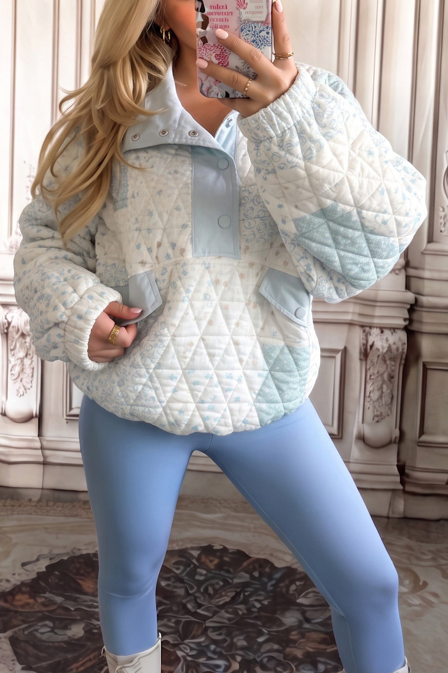 Women's Floral Quilted Button Pullover Sweatshirt S to XL