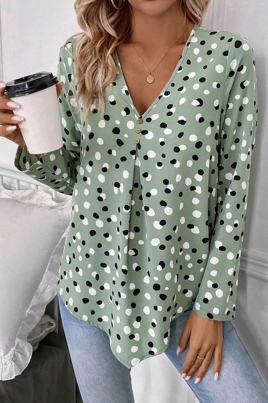 Polka Dot V-Neck Blouse – Sage & White Women S–XL