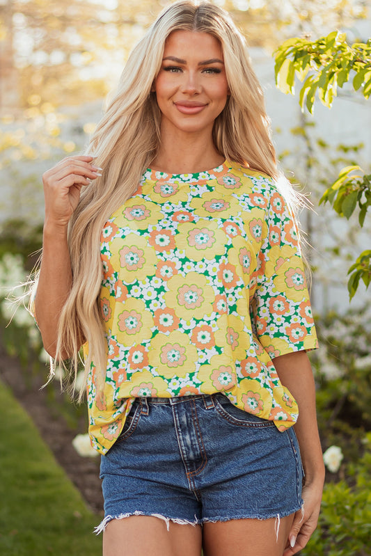 Yellow Flower Print Drop Shoulder Loose T-Shirt – Women's Casual Summer Top (S–XL)