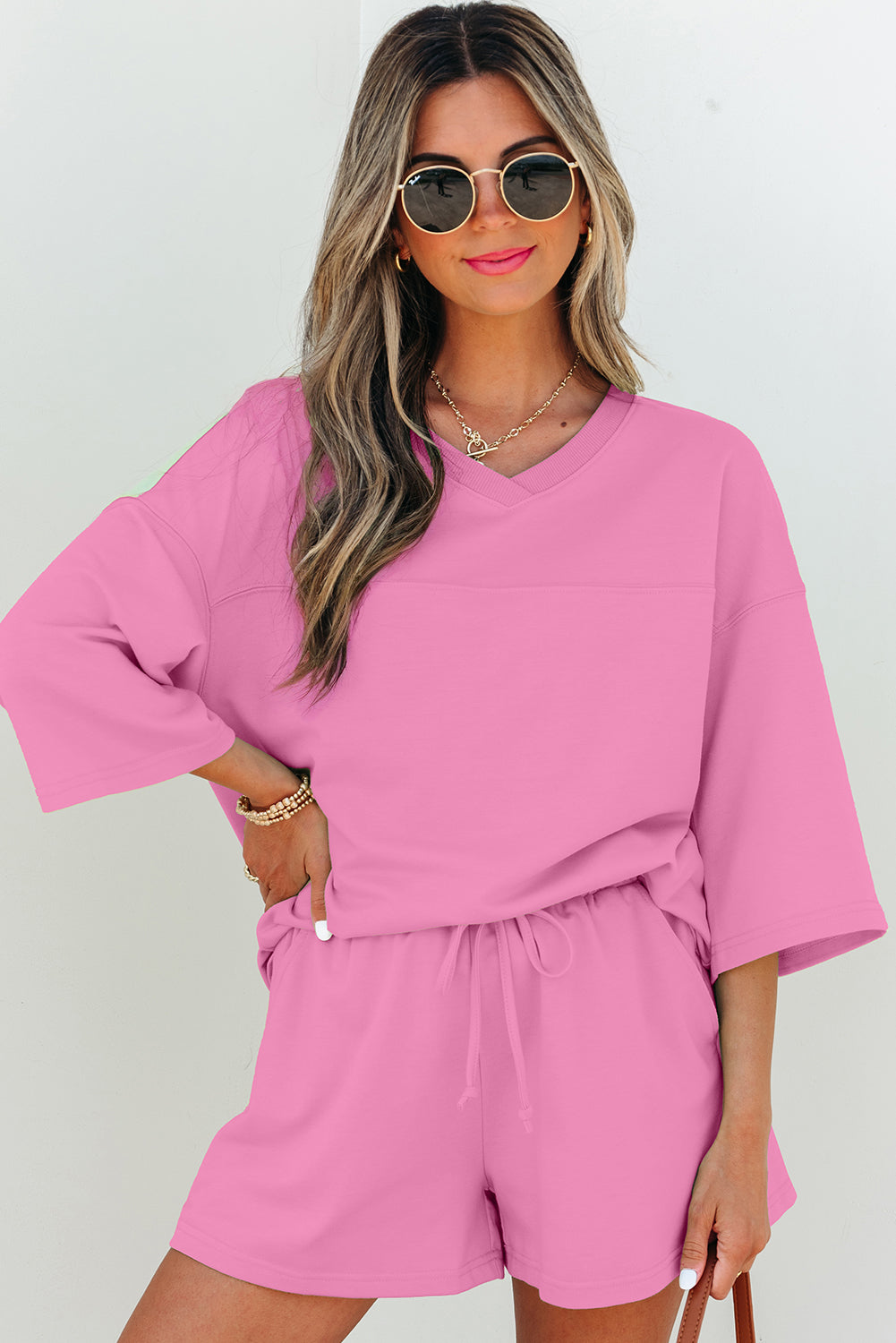 Loose V-Neck Half Sleeve Tee Drawstring Shorts Set