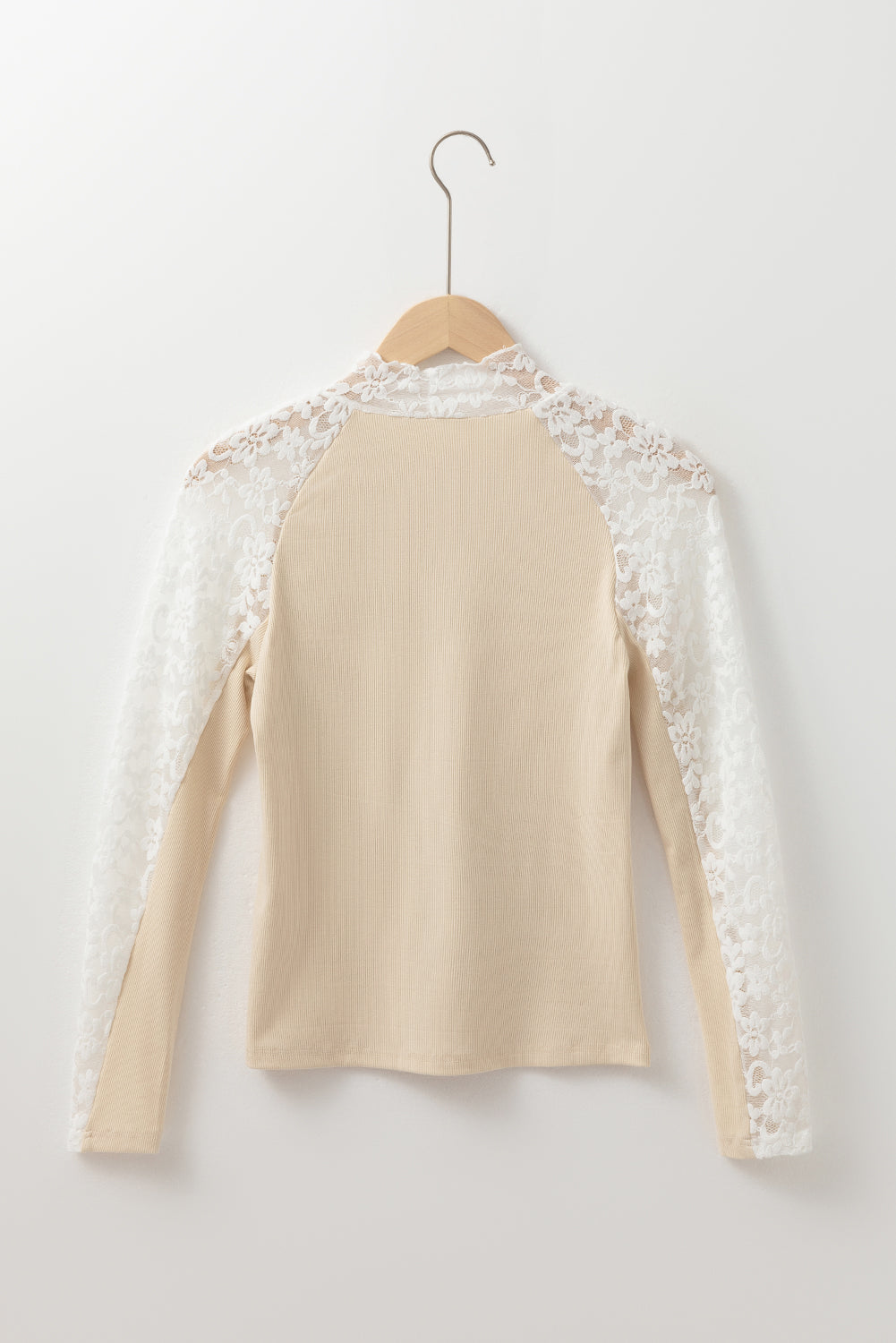 Floral Lace Patchwork High Neck Long Sleeve Slim Top | Beige