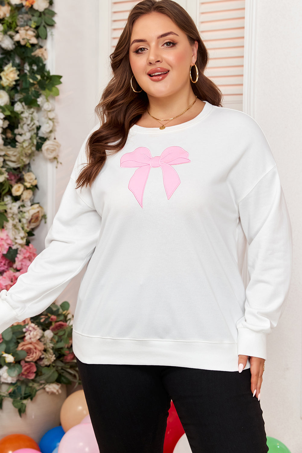 Bow Accent Drop Shoulder Sweatshirt – White Plus Size 1X–4X