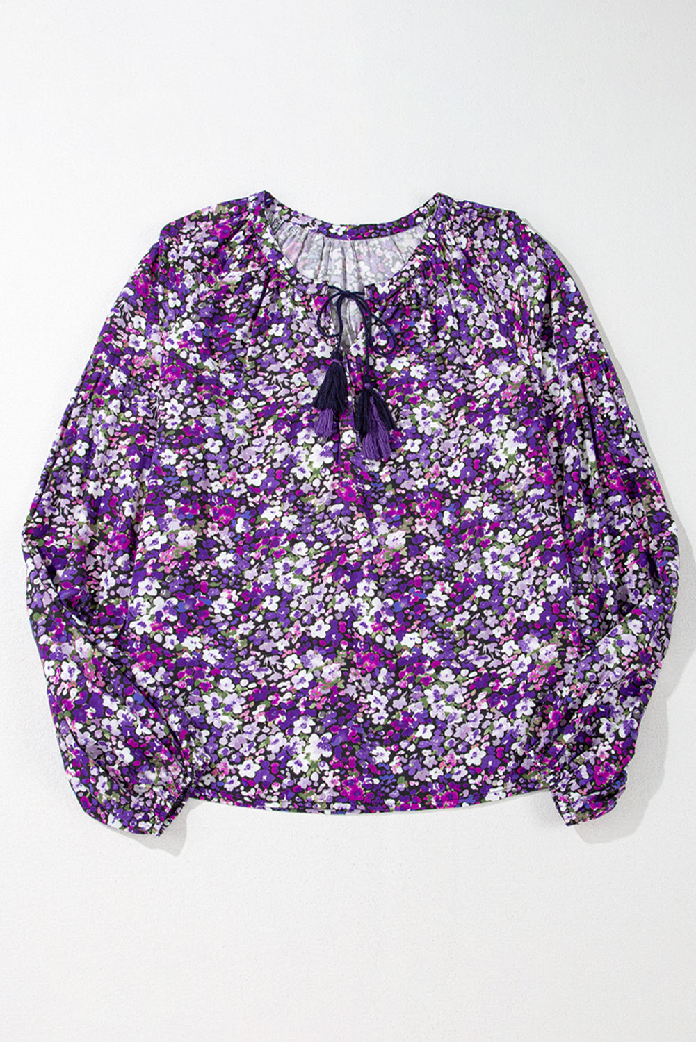 Boho Floral Split V-Neck Bubble Sleeve Blouse | Purple