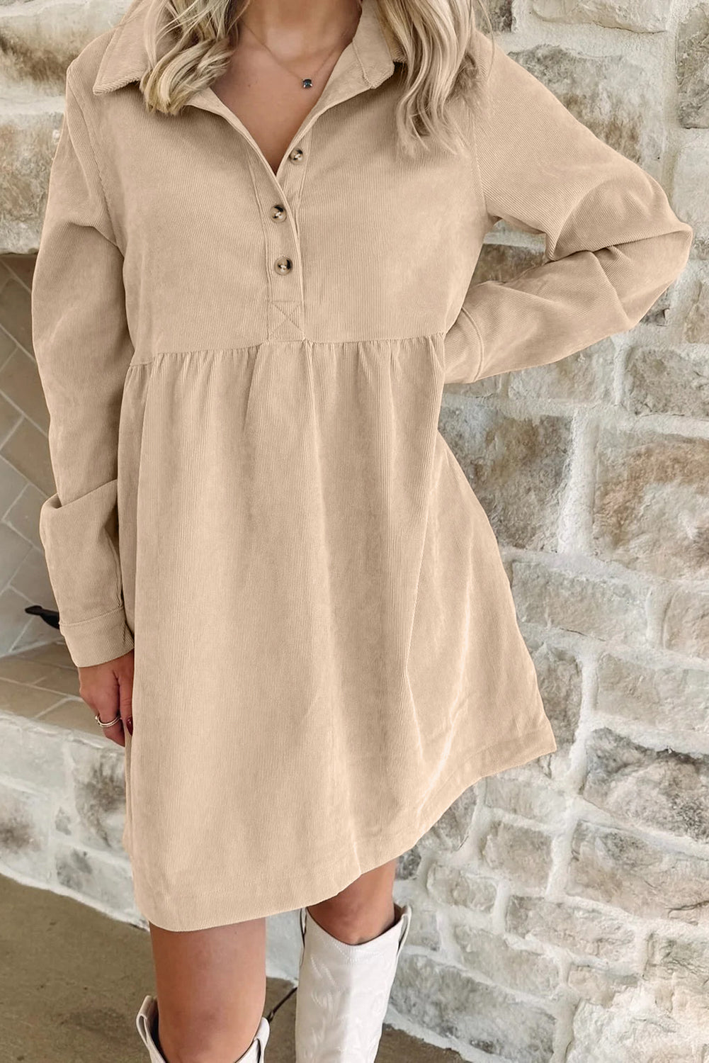 Corduroy Half Button Collared Mini Dress in Oatmeal