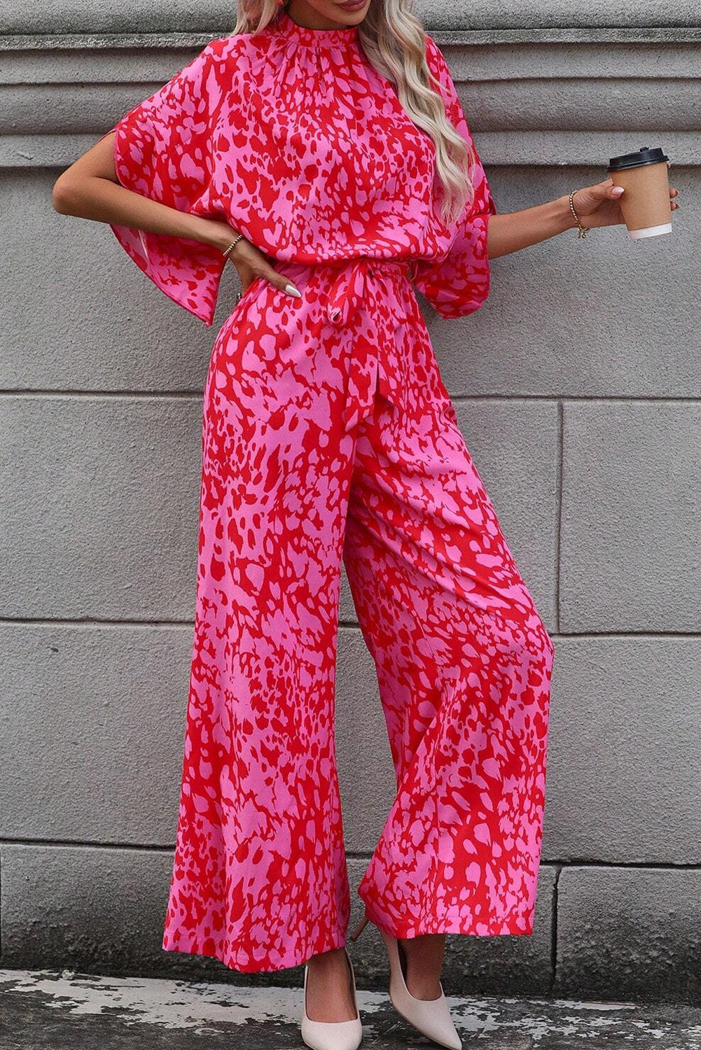 Rose Leopard Print Loose Sleeve Sash Belted Wide Leg Jumpsuit