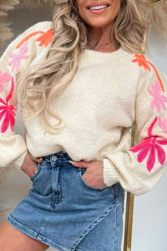 Embroidered Floral Sleeve Round Neck Loose Knit Sweater