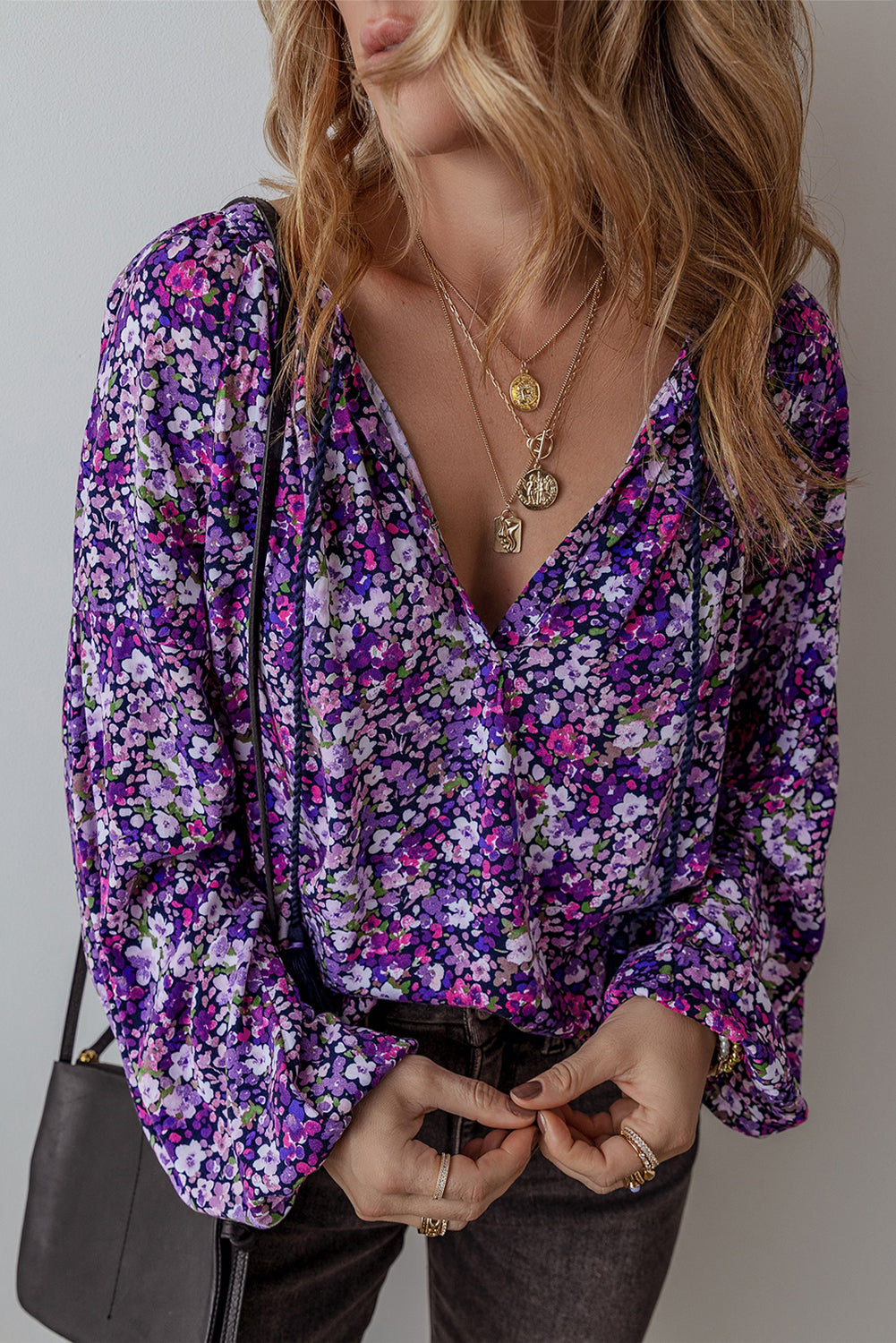 Boho Floral Split V-Neck Bubble Sleeve Blouse | Purple