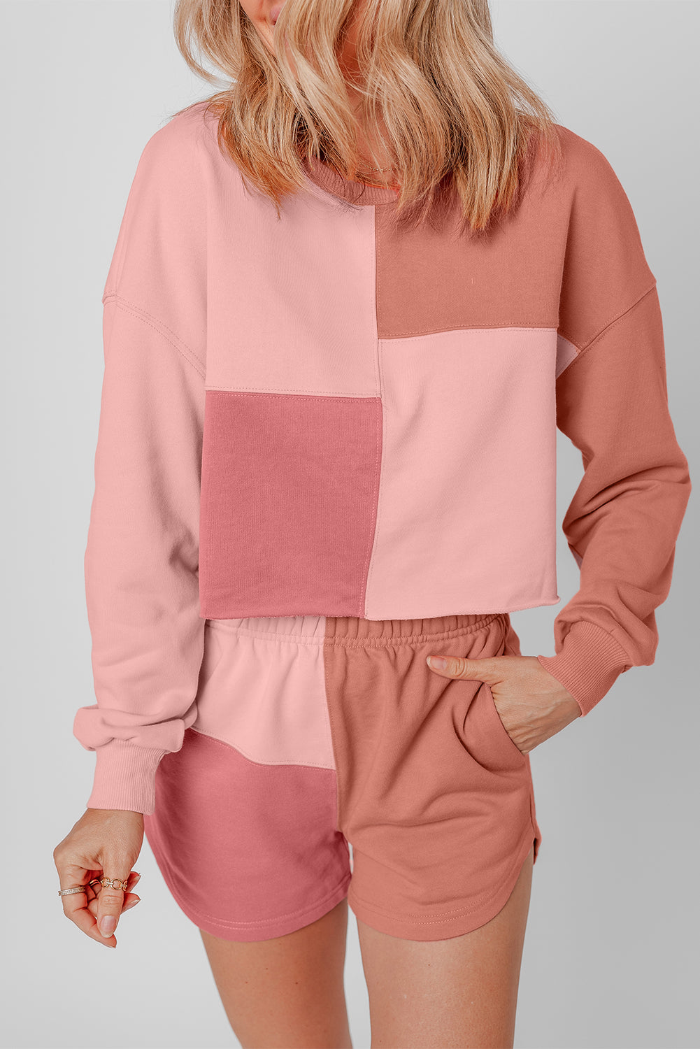 Peach Blossom Colorblock Patchwork Long Sleeve Shorts Set