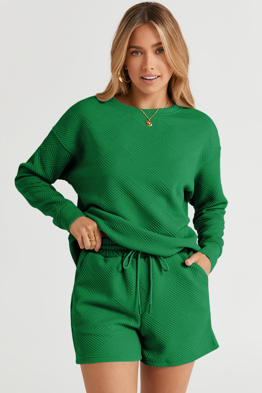 Green Black Textured Long Sleeve Top Drawstring Shorts Set