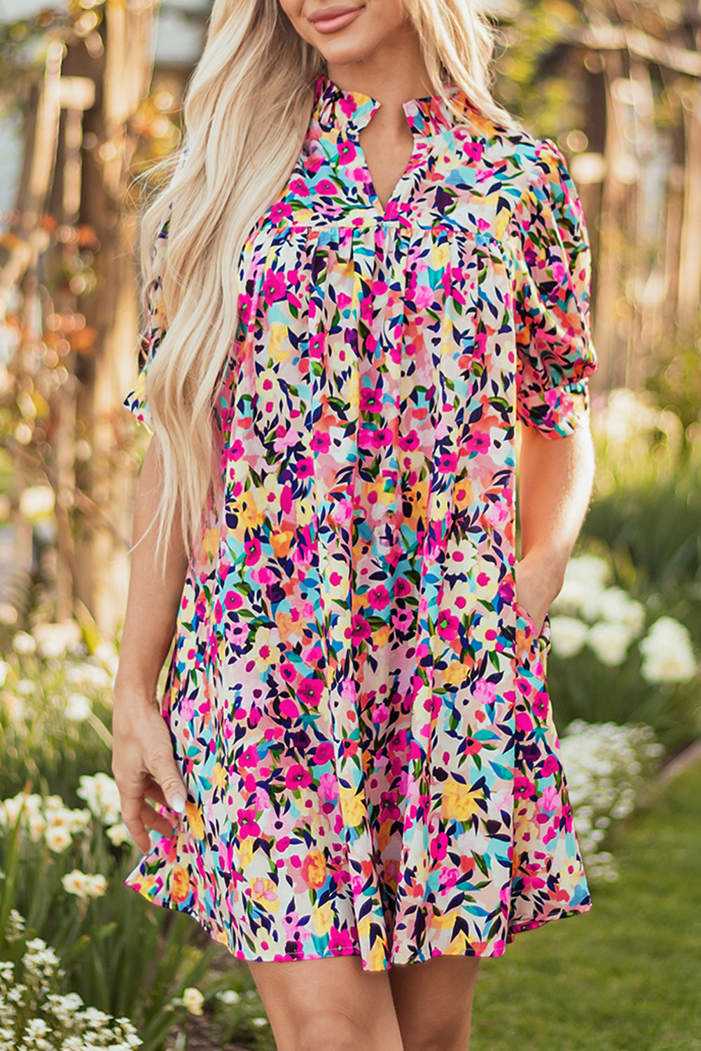 Pink Floral Puff Short Sleeve V-Neck Mini Dress