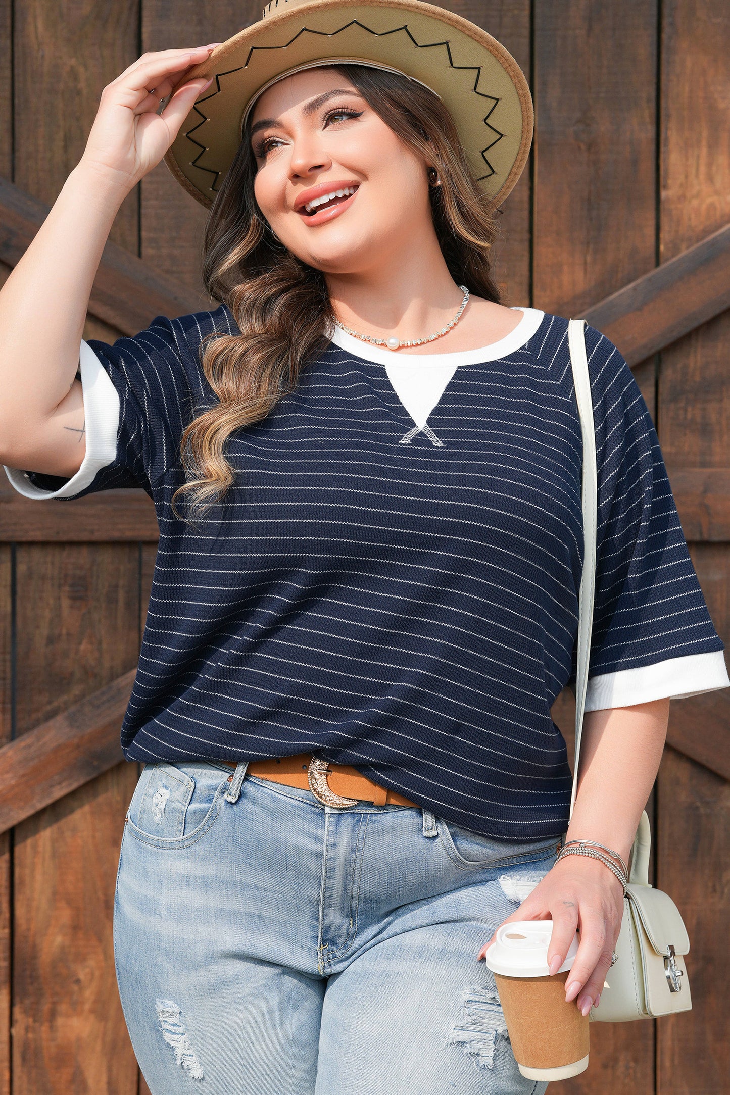 Plus Size Blue Stripe Contrast Trim Ribbed Tee Women 1X–4X