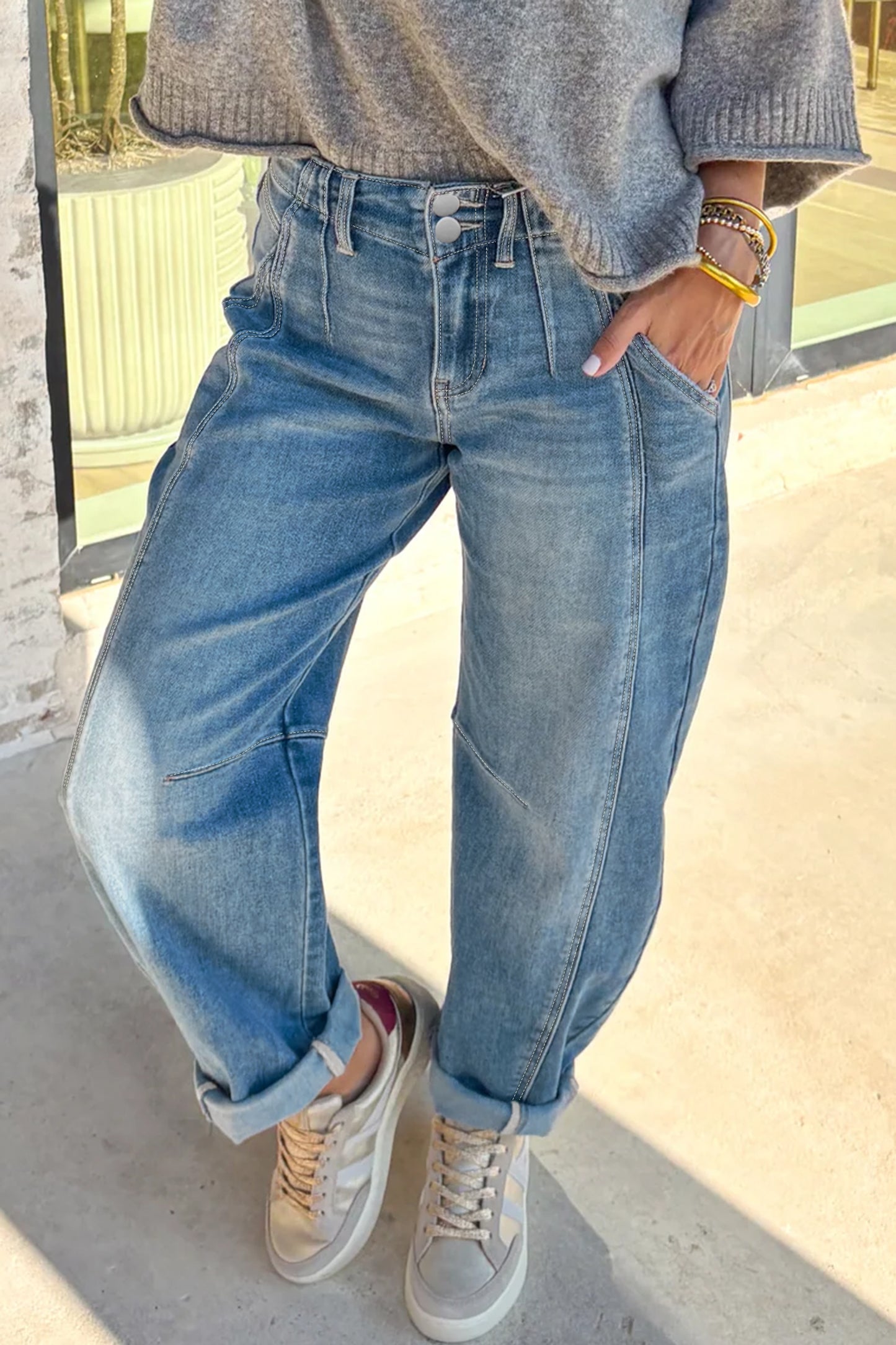 Sky Blue Medium Wash Cuffed Barrel Jeans | US 4–16