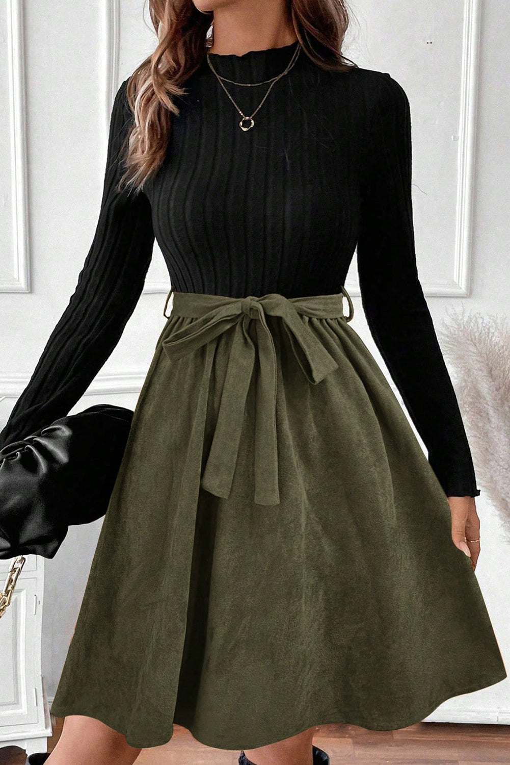 Black Green Ribbed Knit Slim Bodice Contrast Flared Skirt Patchwork Belted Dress