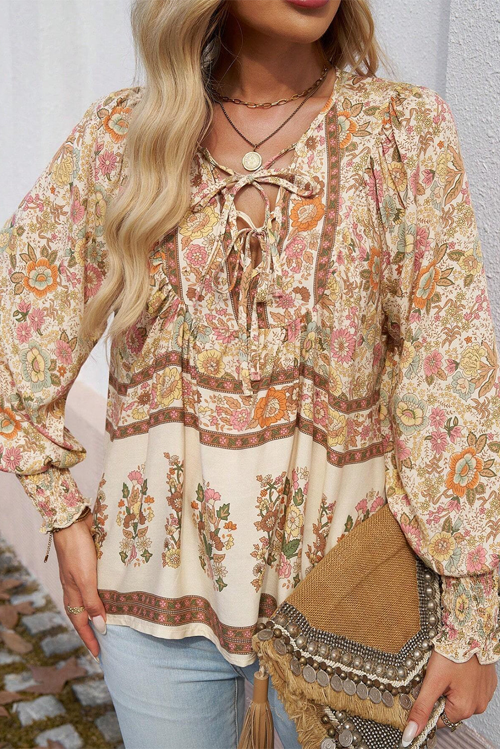 khaki Floral Print Tie Neck Lantern Sleeve Blouse