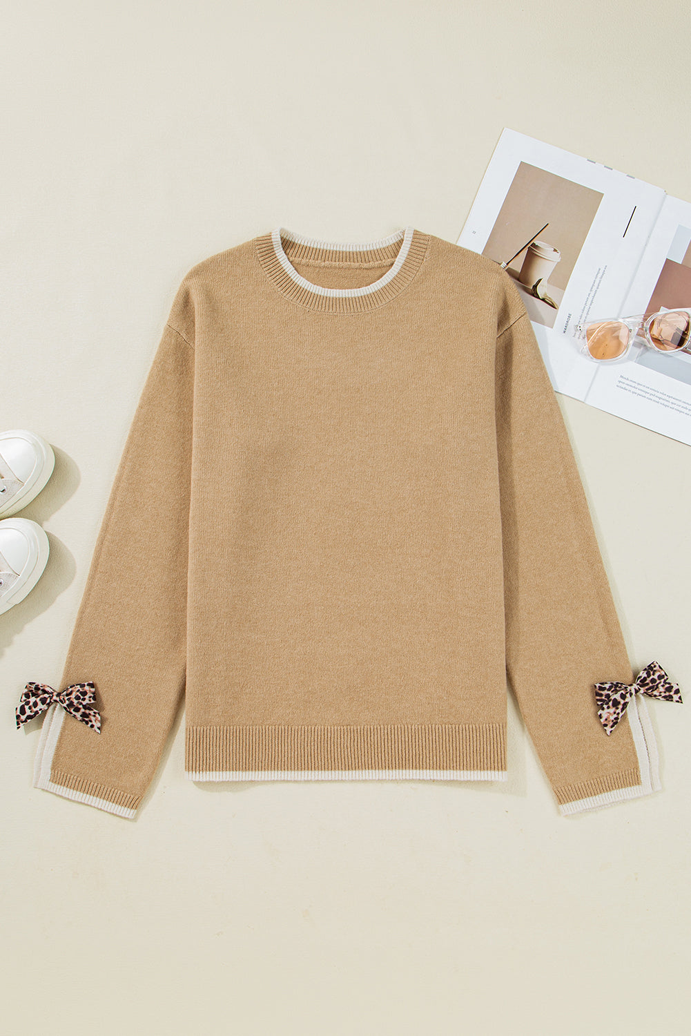 Leopard Bow Split Cuff Contrast Trim Sweater
