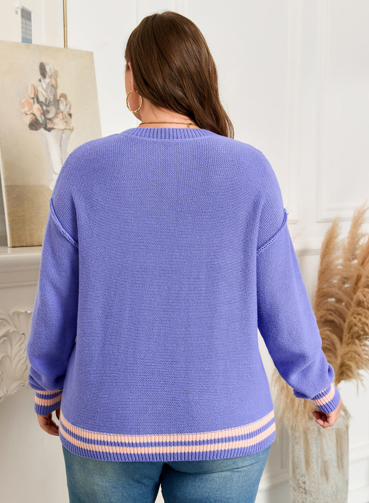 Striped Trim Drop Shoulder Knit Loose Sweater | Plus Size | Lavender | 1X–4X