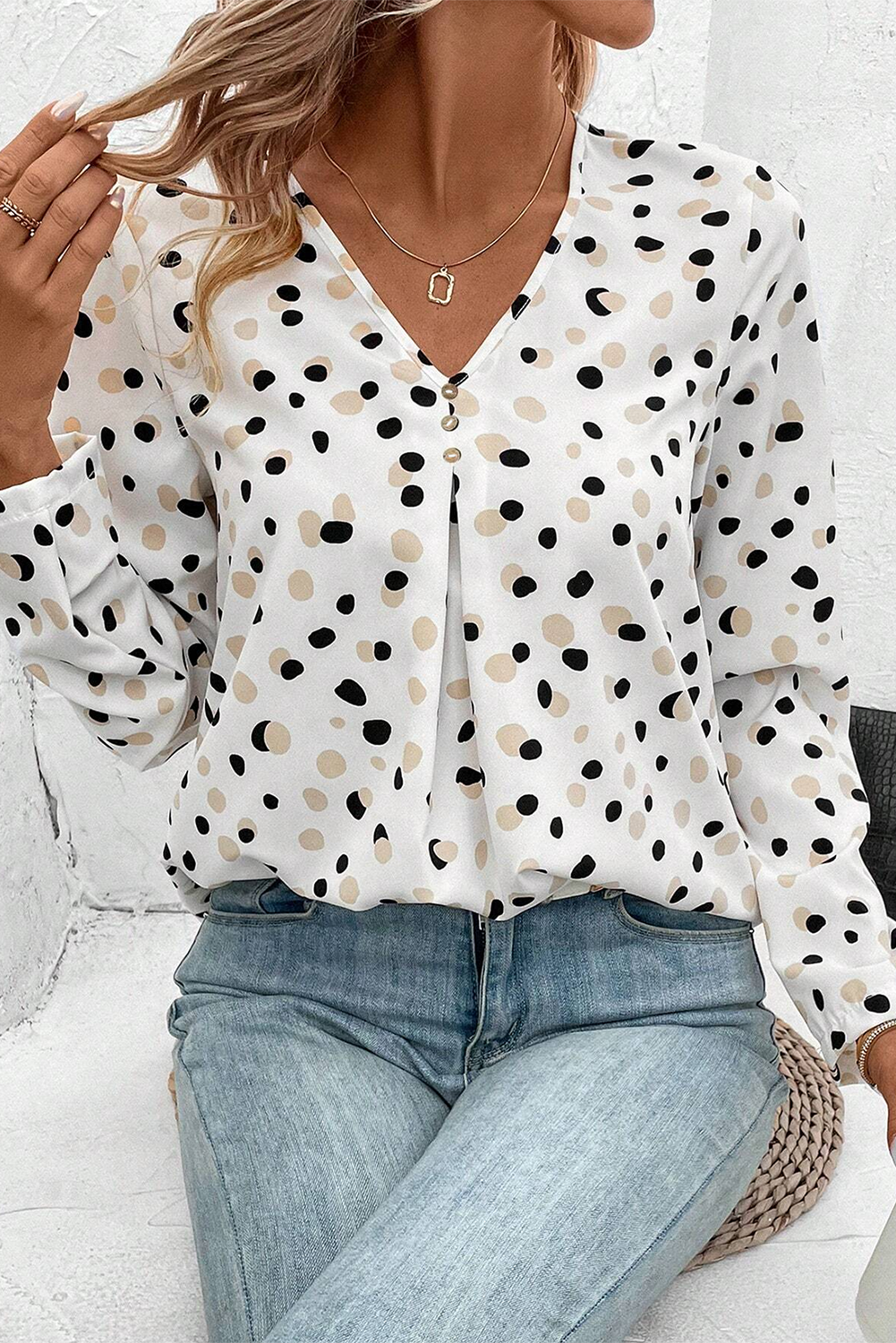 Polka Dot V-Neck Blouse – Sage & White Women S–XL