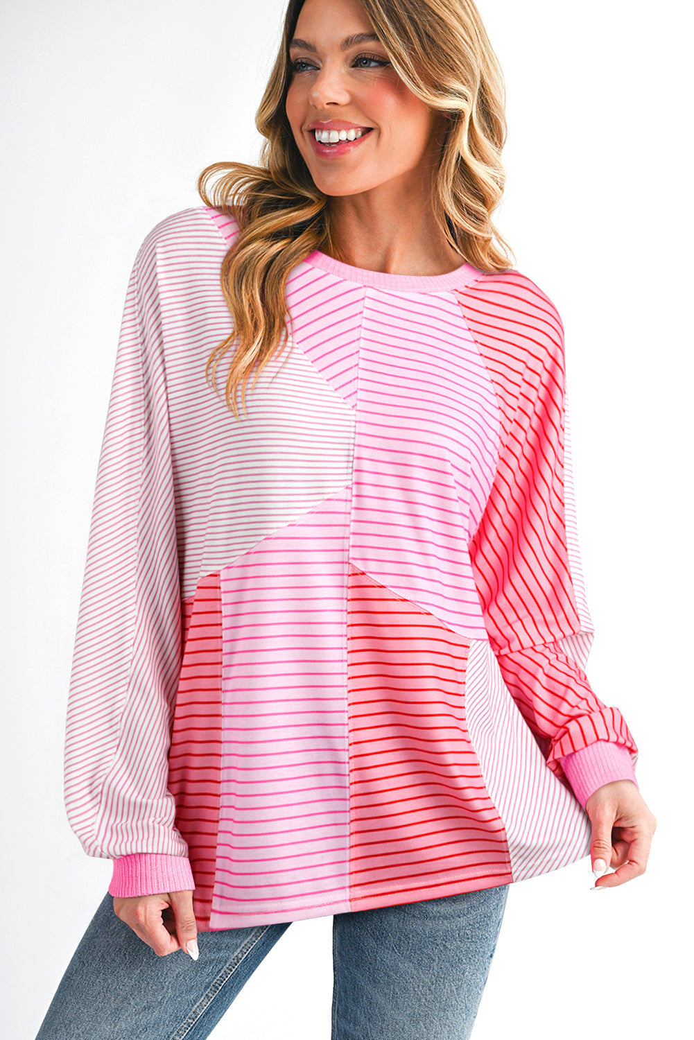 Pink Colorblock Stripe Long Sleeve Top Women S–XL
