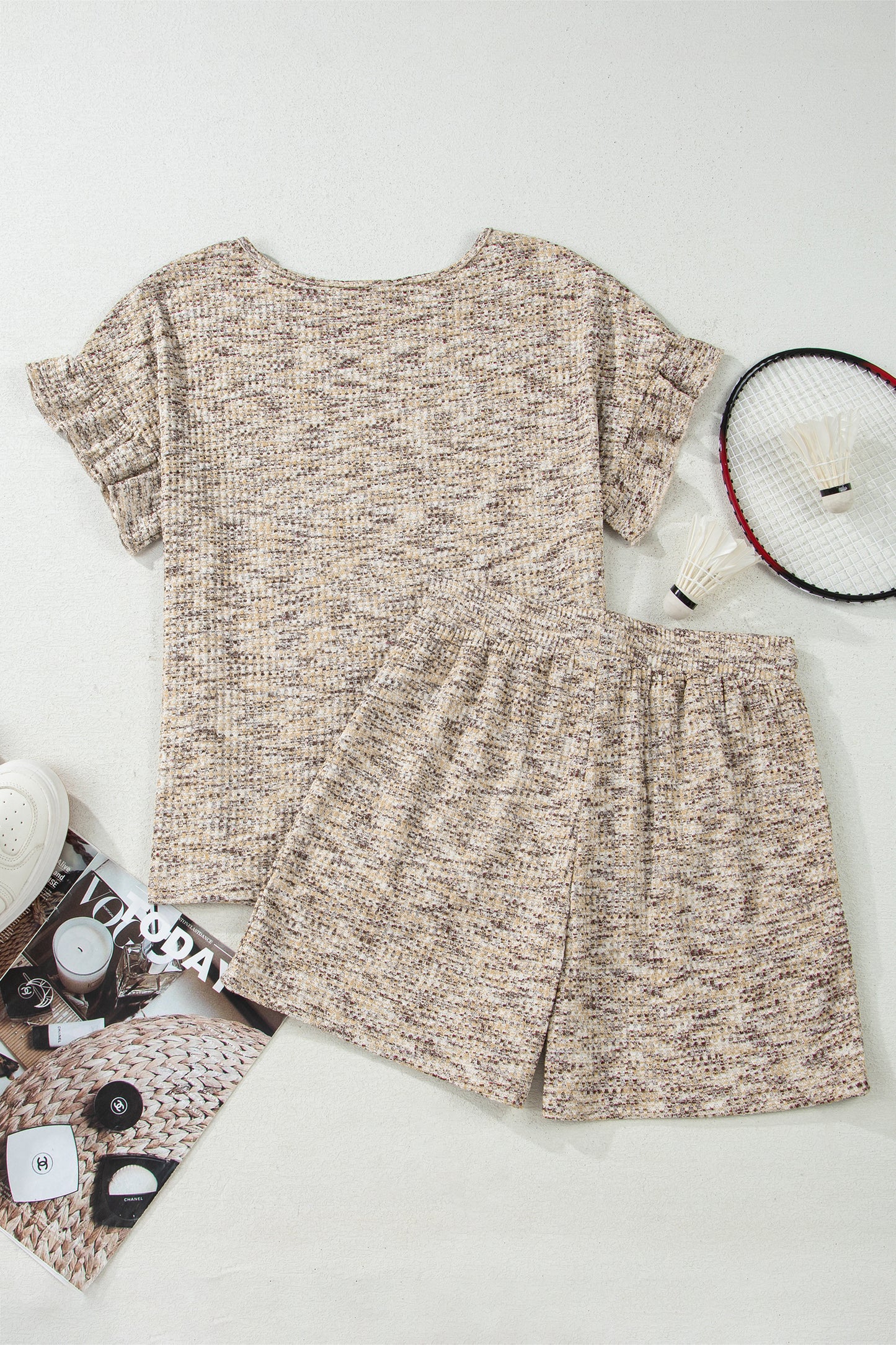 Khaki Heather Textured Ruffle Sleeve Top & Drawstring Shorts Set