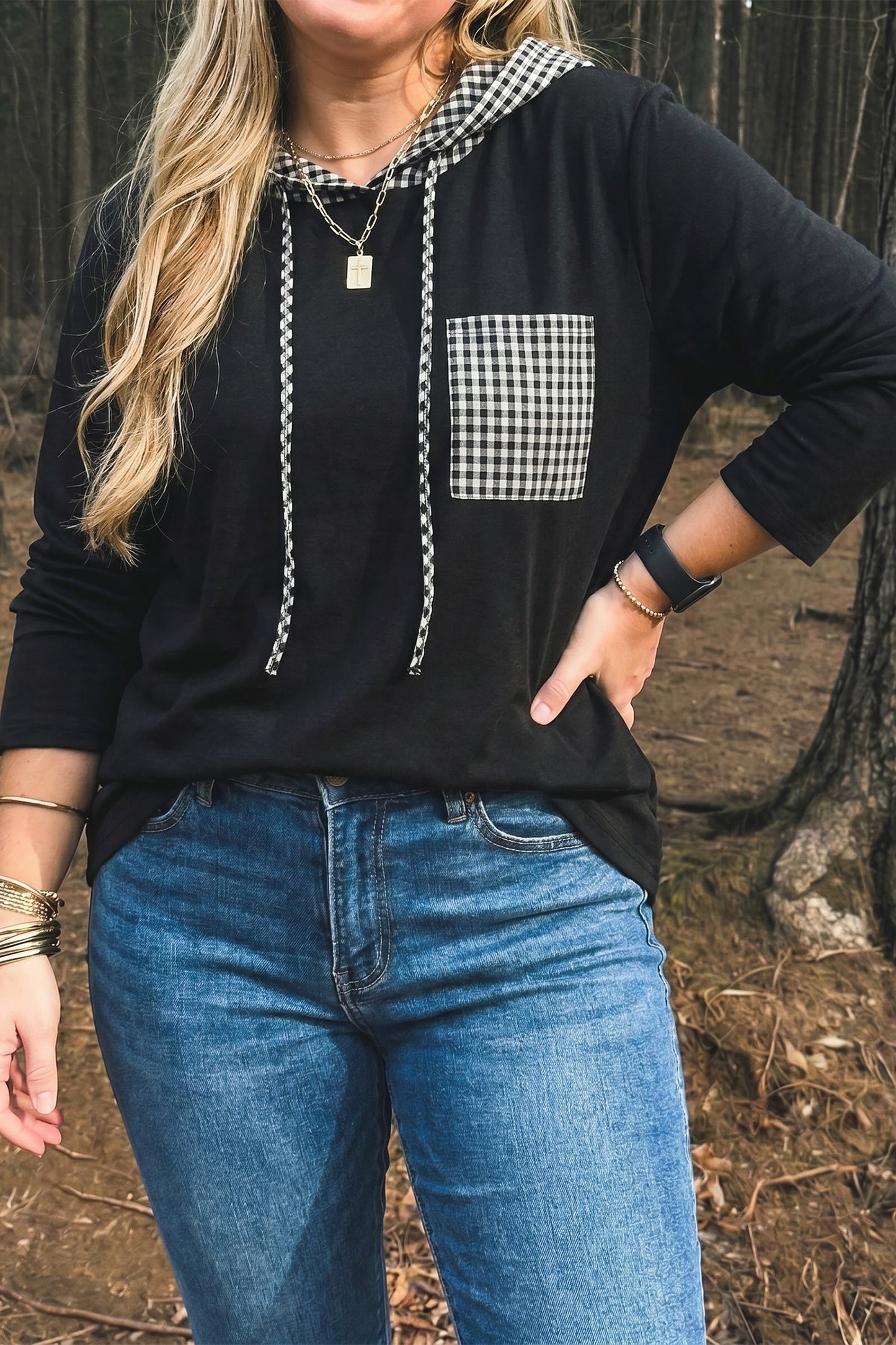 Women's Plus Size Black Hooded Checkered Print Long Sleeve Shirt 1X to 4X