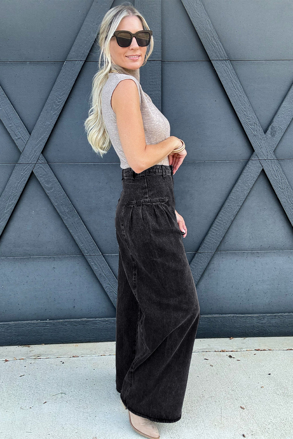 Pleated Wide Leg Mineral Wash Denim Pants | Dark Grey | US 6–16