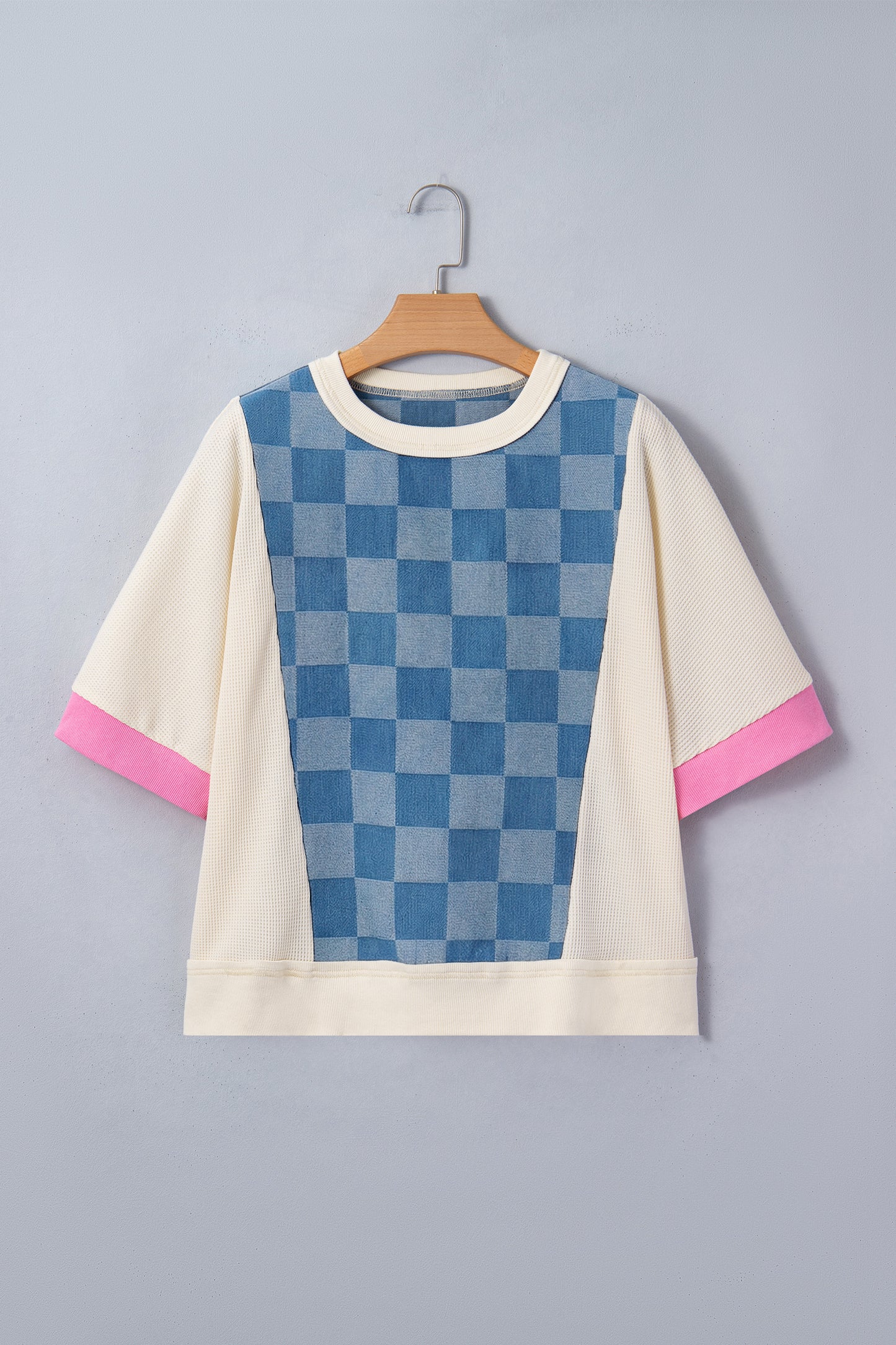 Dusk Blue Checkered Denim Patchwork Short Sleeve Loose Top | S–XL
