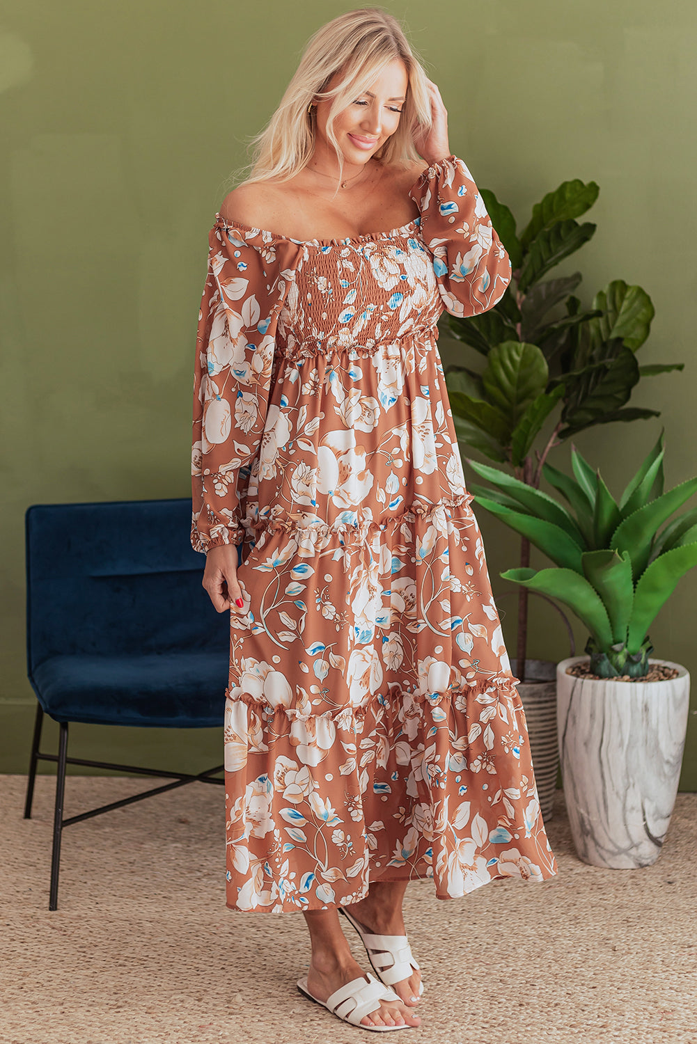 Brown Floral Print Shirred Square Neck High Waist Tiered Maxi Dress