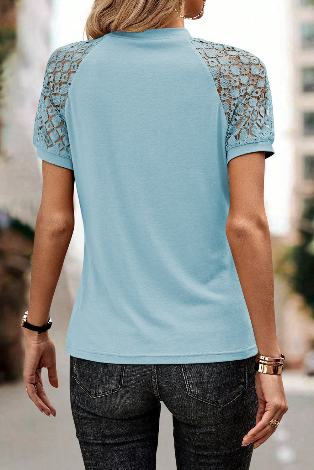 Contrast Lace Raglan Sleeve Seamed Detail Top | S–2XL | 5 Colours
