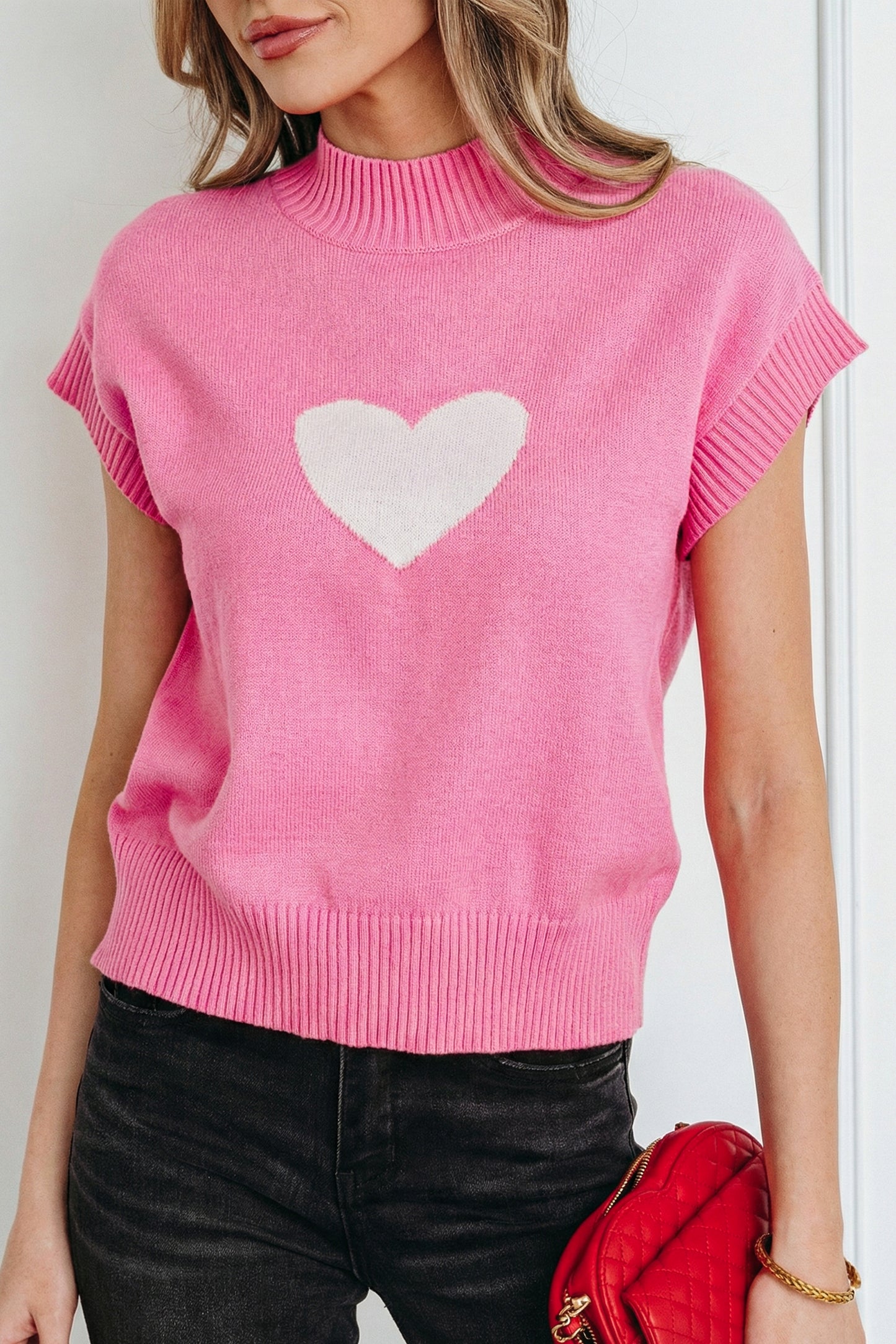Heart Graphic Cropped Short Sleeve Sweater